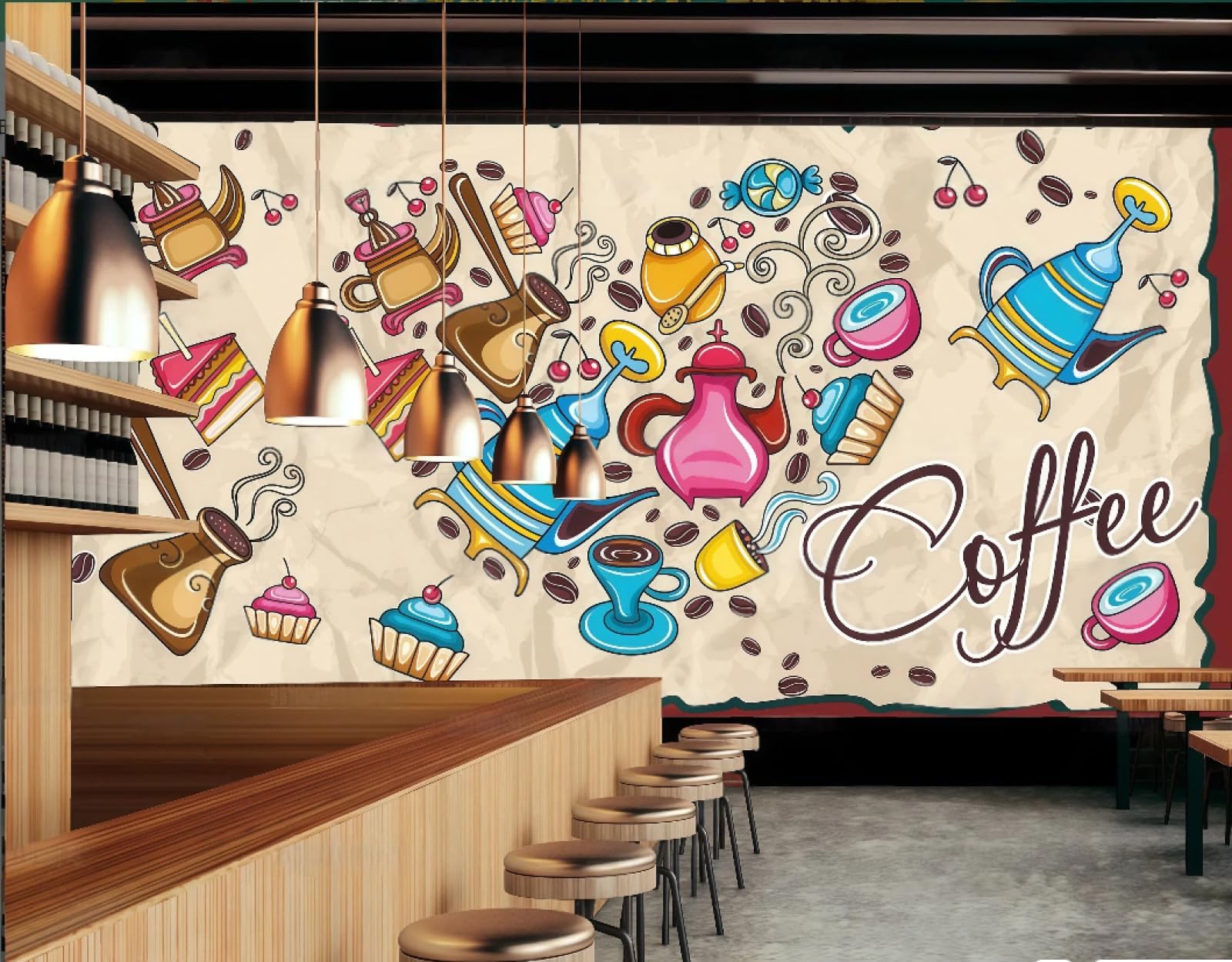 XDOUBAO Wallpaper Colorful Fashion Coffee Cake Theme Dessert Bakery Shop Afternoon Tea Coffee Shop Background Mural Western Restaurant Wallpaper,3D,350x245cm