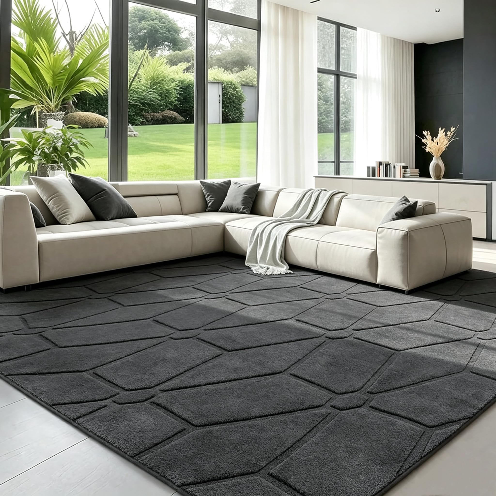 LNZHAO Rugs Living Room 160 x 230 cm: 3D Flower Pattern Dark Grey Large Rug - Short Pile Washable Area Rug - Soft Non Slip Carpet for Bedroom, Nursery, Kids Room & Lounge