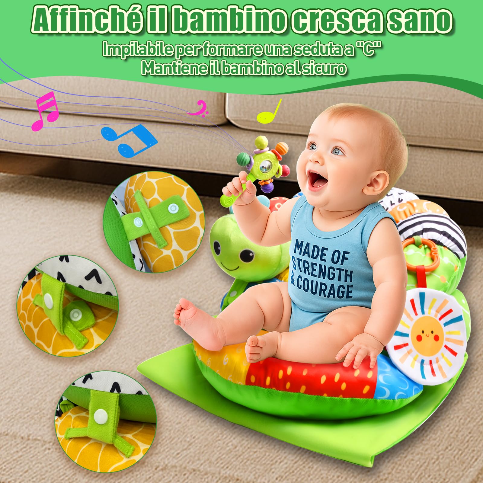 Charmofun Tappeto Gioco Neonato, 4 in 1 Tummy Time Neonato 0-3 Mesi, Caterpillar Cuscino Tummy Time con Specchio e Sonaglino per Supporto Seduto