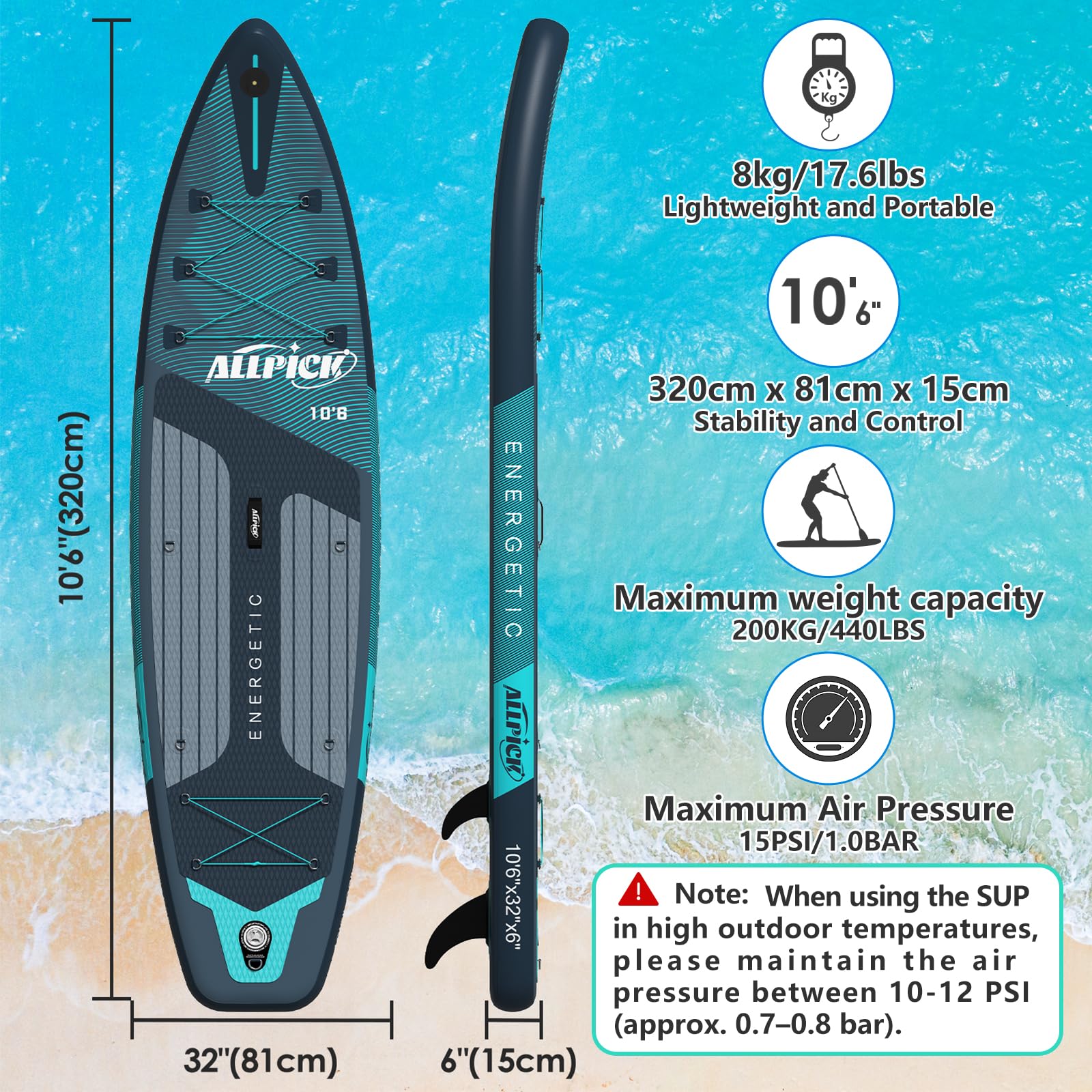 ALLPICK Stand Up Paddling Board Aufblasbar, SUP Board Set, 200kg | Universal Kamerahalterung, Komplettes Zubehör, Verstellbares Paddel, Anfänger, Fortgeschrittene