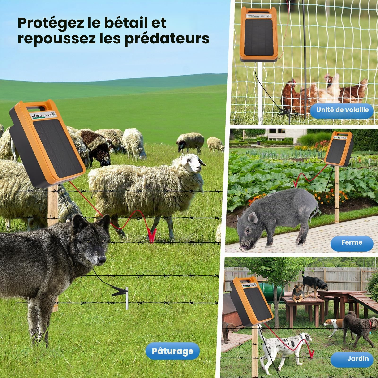 Appareil de clôture de pâturage, portée 10 km, 1,5-2 J – Energizer pour clôture électrique pour animaux de ferme et animaux domestiques – Alimentation triple (230 V/12 V/solaire) – Étanche