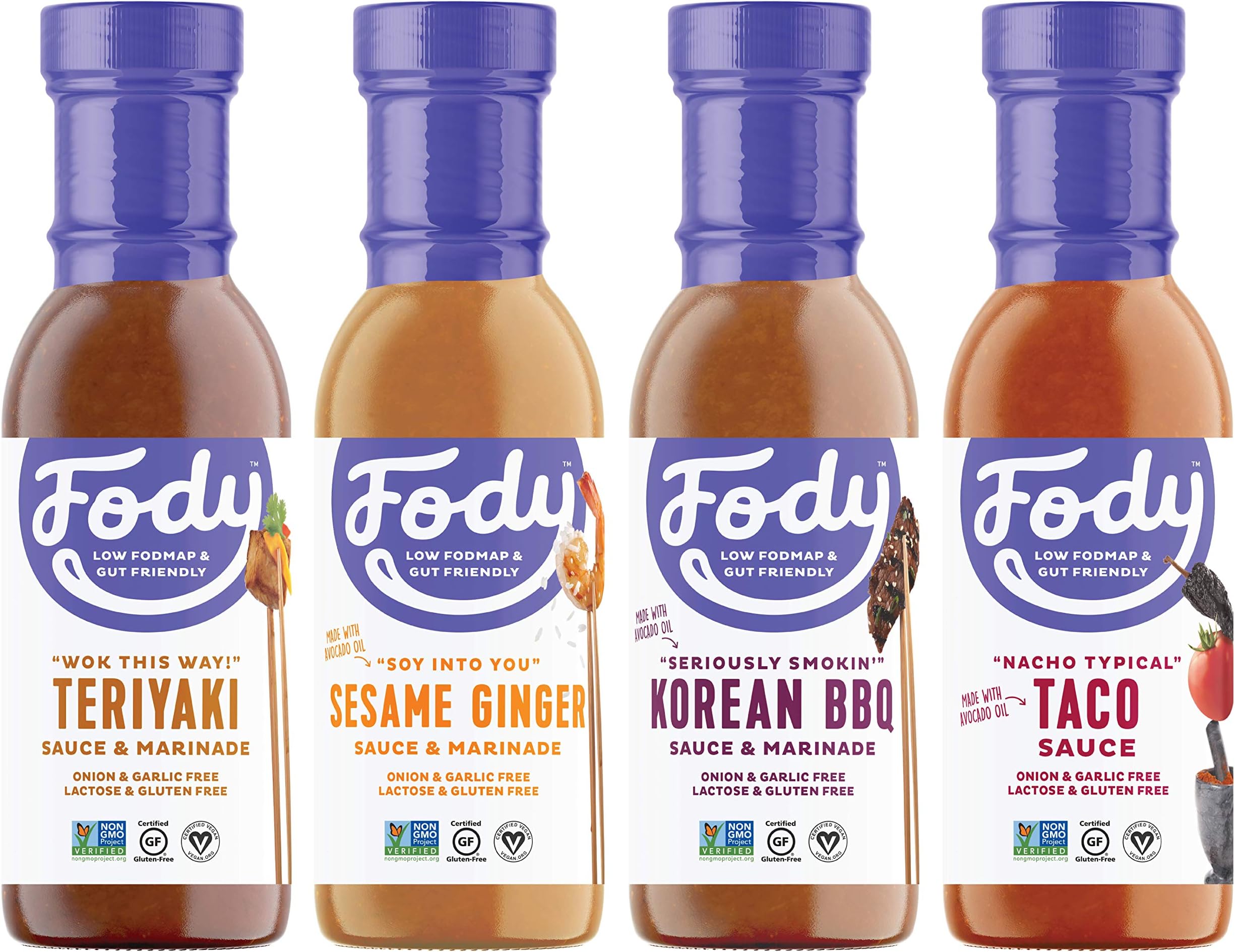 Fody Foods Vegan Variety Sauce Marinade Pack | Low FODMAP Certified | Gut Friendly No Onion No Garlic No MSG | IBS Friendly | Gluten Free Lactose Free Non GMO | 4 Bottles, 8 Ounce