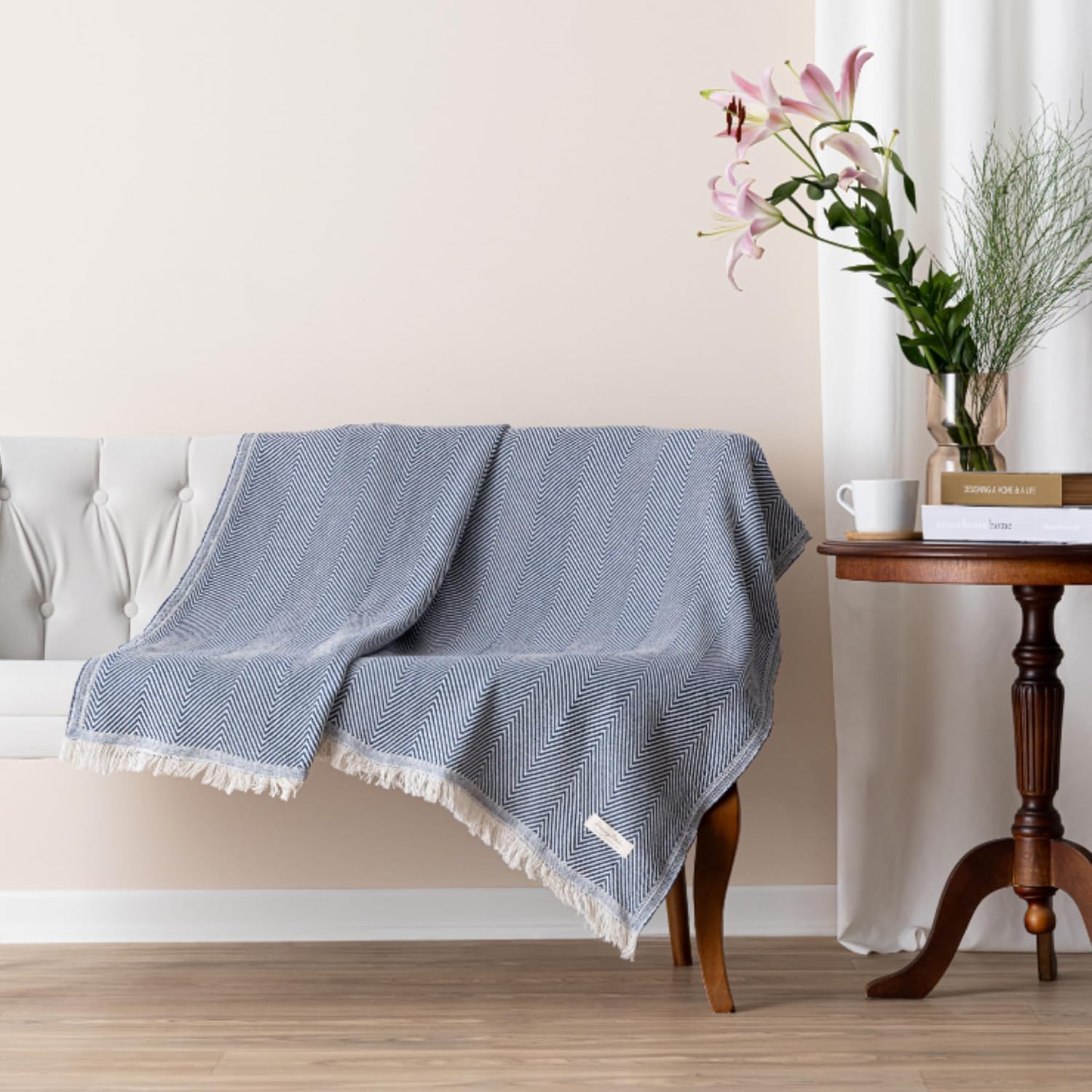 Cotton Herringbone Chevron Bed Blanket Farmhouse Throw Blanket Lightweight Boho Decorative Blankets for Bed, Sofa, Chair, Couch, Queen Size, Deep Blue, 79x90