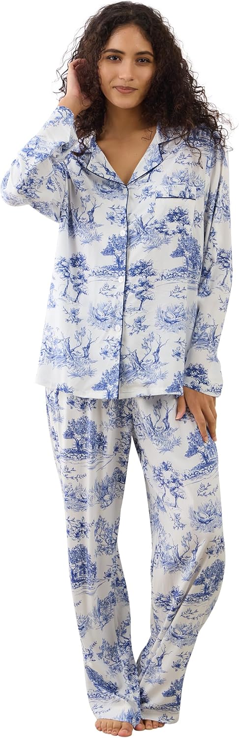 Womens Pajamas Set 2 Piece Long Sleeve Sleepwear Button Down Pjs Lounge Set Nightwear with Pockets