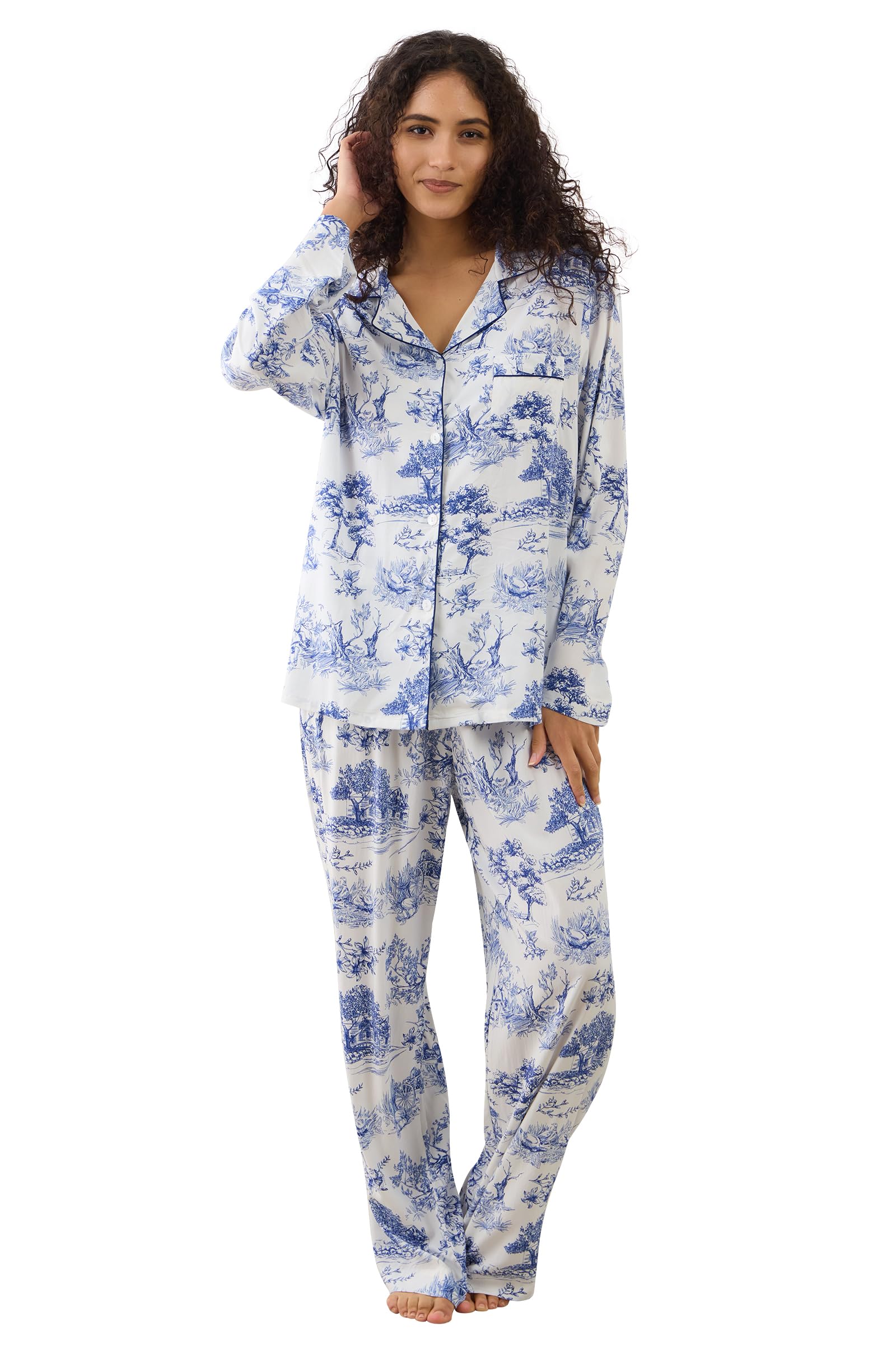 YiNi LuLu Womens 2-Piece Long Sleeve Button Down Pajama Set, Viscose, Pastoral Life, M