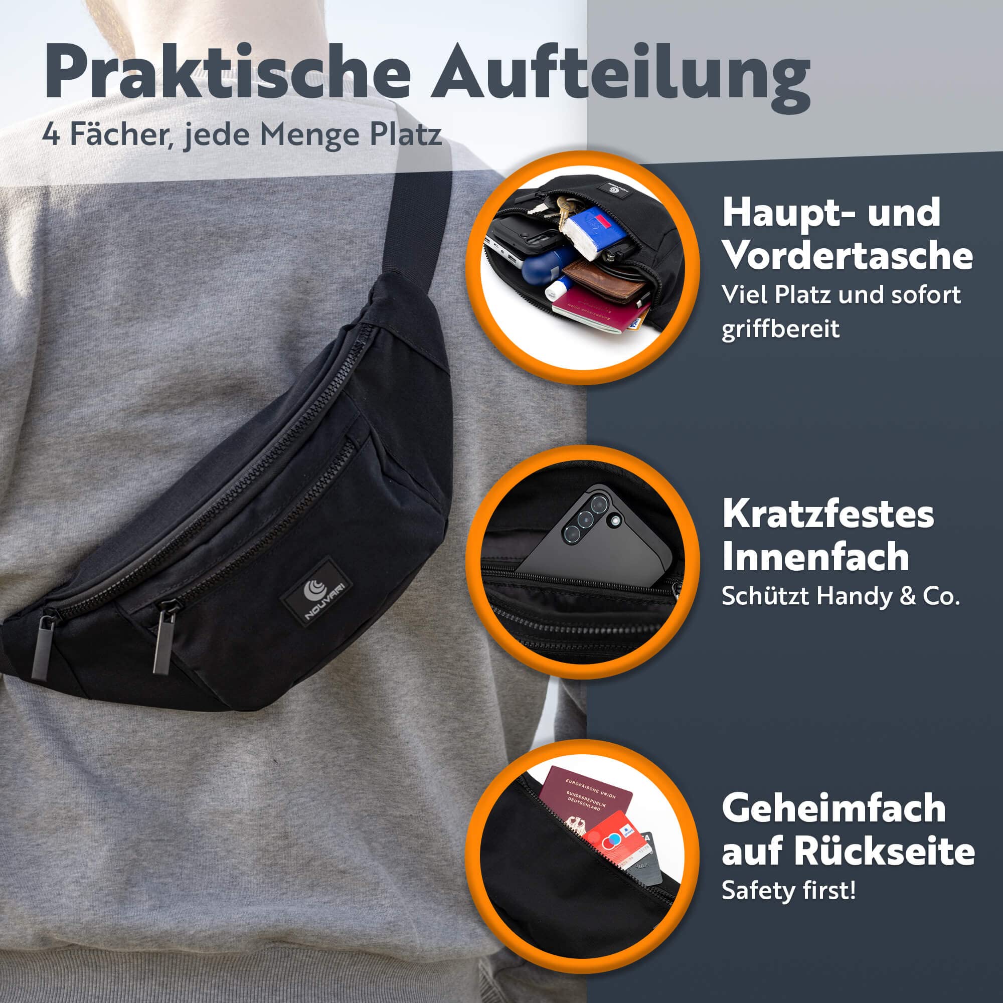 Bauchtasche Herren und Damen Schwarz Hüfttasche für Festival, Camping & Sport Unisex Wasserabweisende Gürteltasche für Reisen, Outdoor & Wandern (Schwarz)