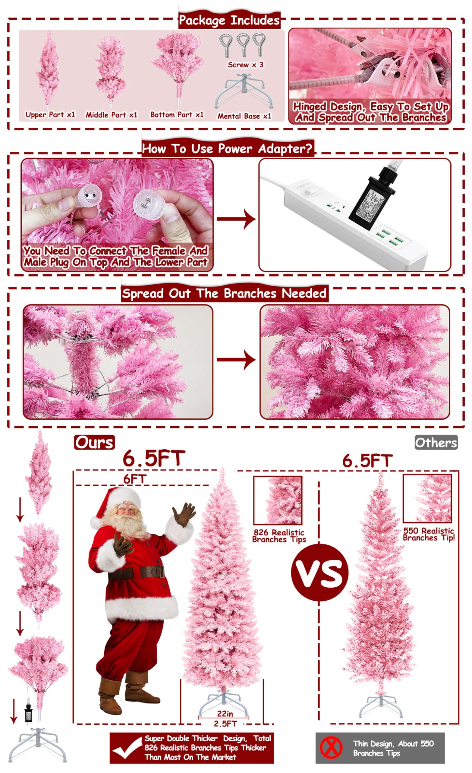 TURNMEON 6.5 Ft Pre-Lit Christmas Tree 250 LED Warm Lights Plug in 826 Branch Tips Artificial Pink Pencil Xmas Tree Premium Hinged Slim Christmas Decoration Indoor Outdoor Home Holiday Decor