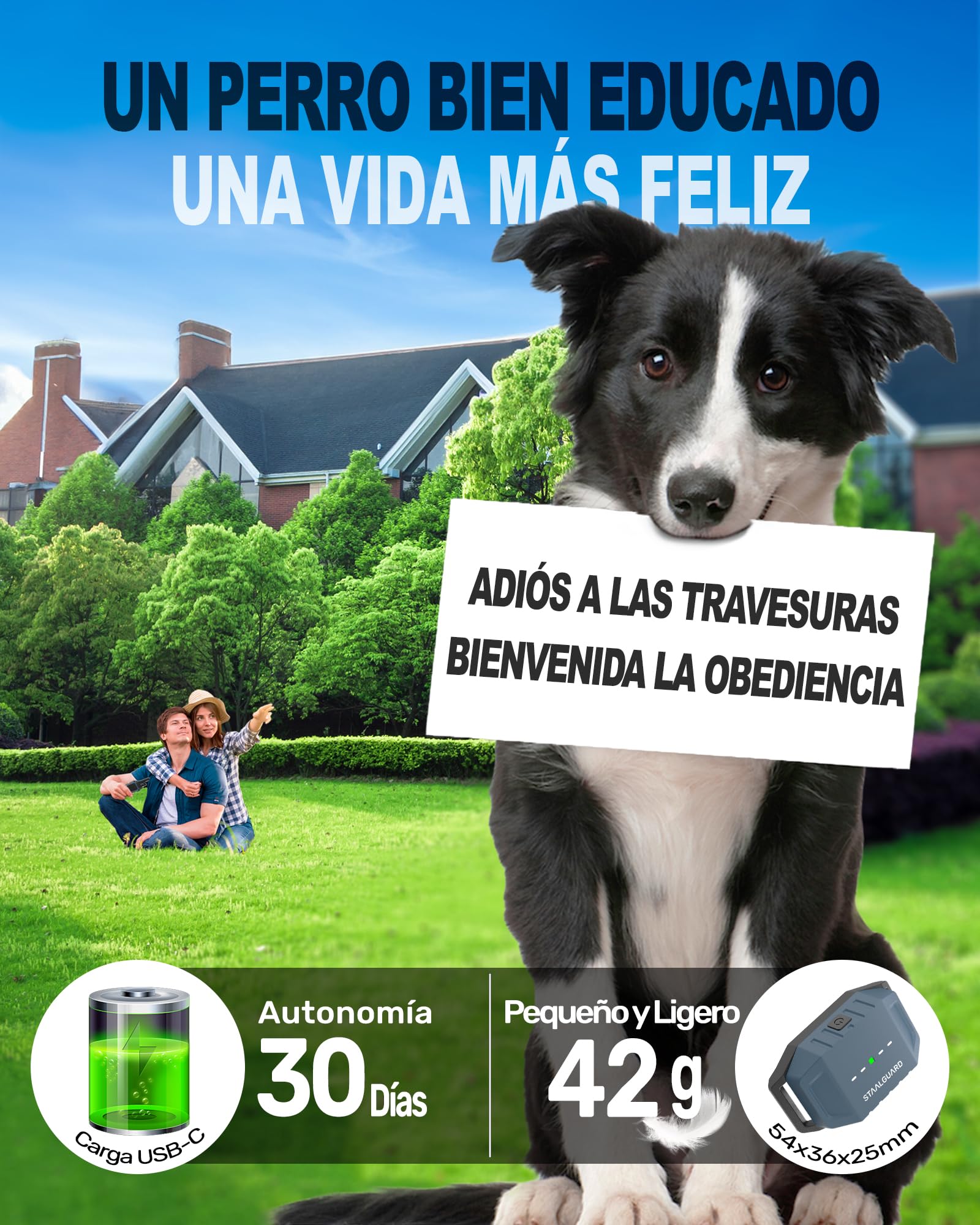 Collar de Adiestramiento para Perros, Sin Descarga Eléctrica, 9 Niveles, Sonido, Vibración y Boost, Alcance 3000m, Recargable, Autonomía 30 Días, Impermeable IP67, para Todos los Perros