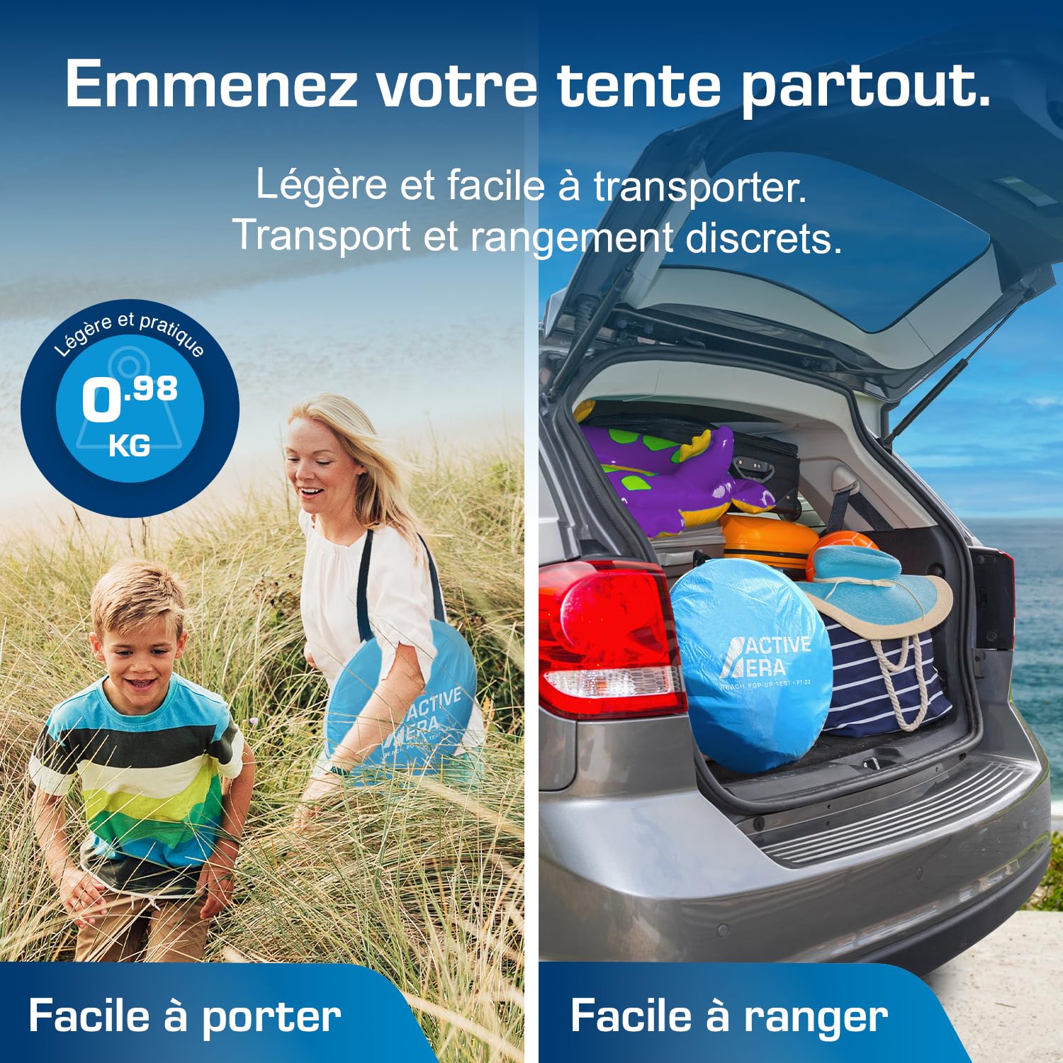Active Era Tente de Plage Pop Up Déployable, Protection Solaire UV UPF 50+, Abri de Plage Anti UV 2-3 Personnes, avec Sac de Transport et Piquets - Bleu