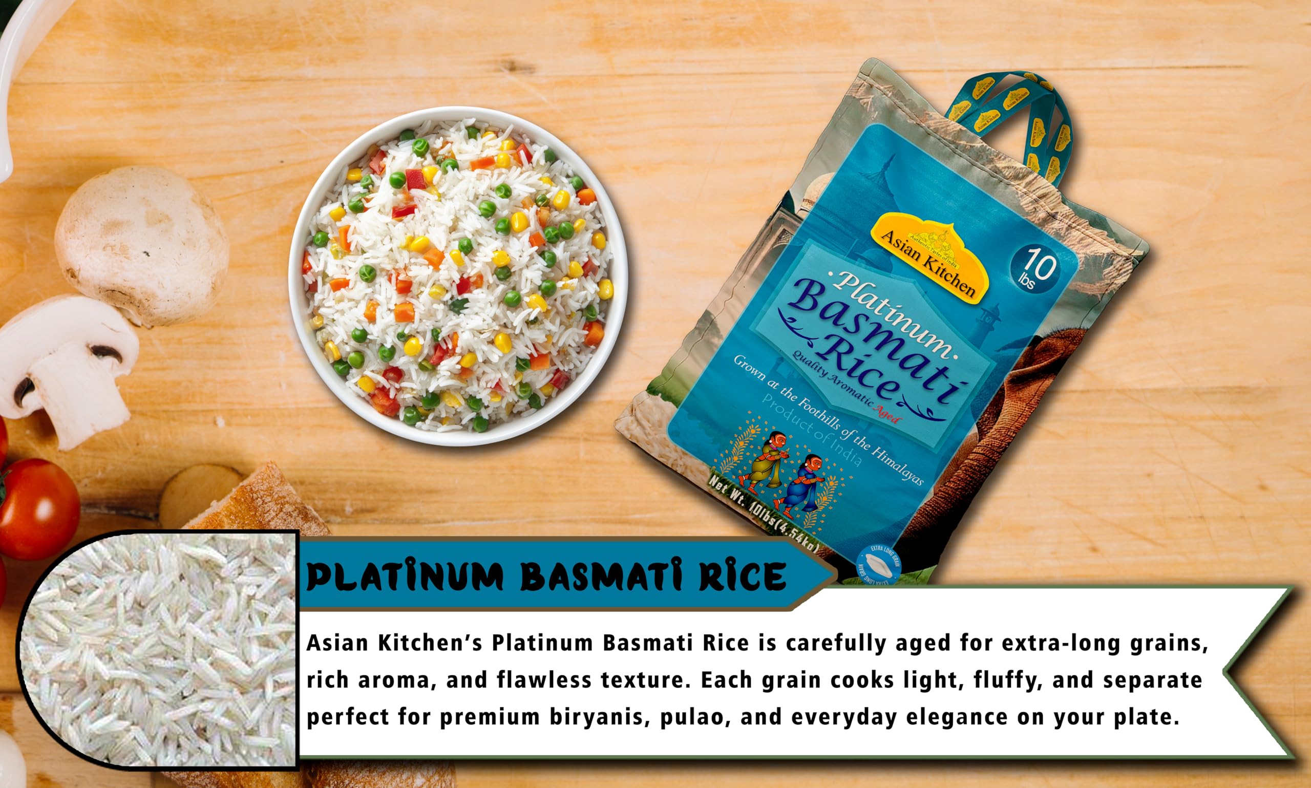 Asian Kitchen Platinum White Basmati Rice Extra Long Aged 10lbs (4.54kg) ~ All Natural | Gluten Friendly | Vegan | Indian Origin | Export Quality