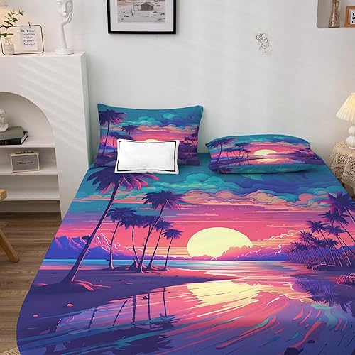 Miniatura 2 de Z6-&-343 - Juego de sábanas y fundas de almohada estampadas de 4 piezas con diseño de paisaje tropical, sábana bajera ajustable de microfibra suave