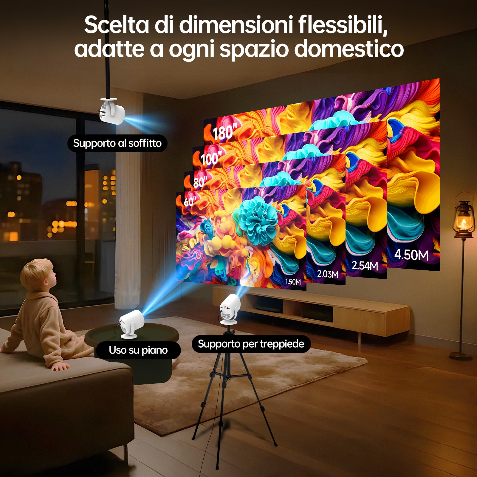 Proiettore con WiFi 6 e Bluetooth 5.4 Mini Proiettore Portatile Correzione trapezoidale automatica e Fuoco Elettrica 180° Rotation, 20.000 lumen, 1080P compatibile 4K, per Home Cinema/Outdoor/PS5