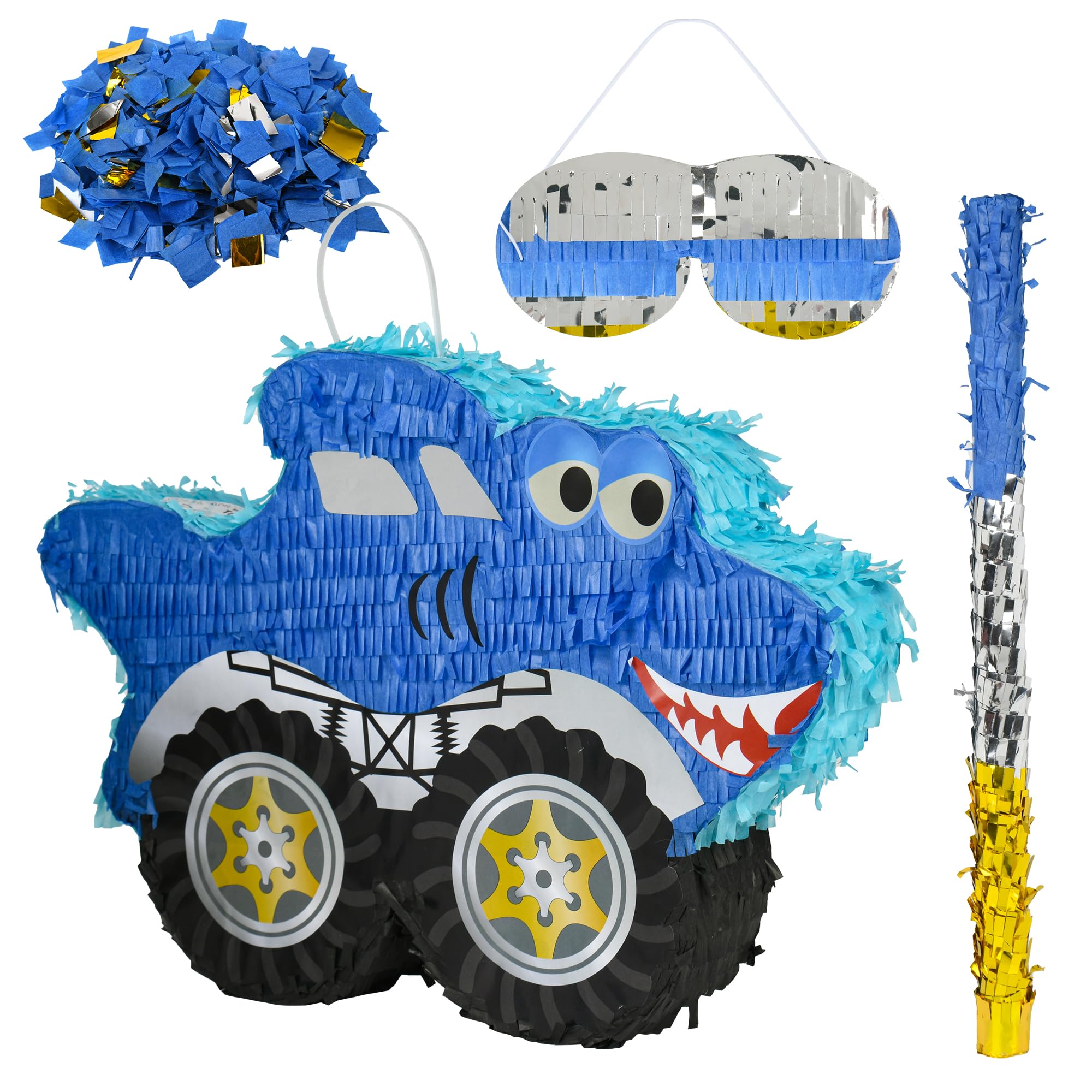Paquete de piñata de camión monstruo de tiburón pequeño con venda, murciélago y confeti (16.5 x 12 x 3 pulgadas), perfecto para fiestas de cumpleaños, decoraciones de fiesta temática de monstruos