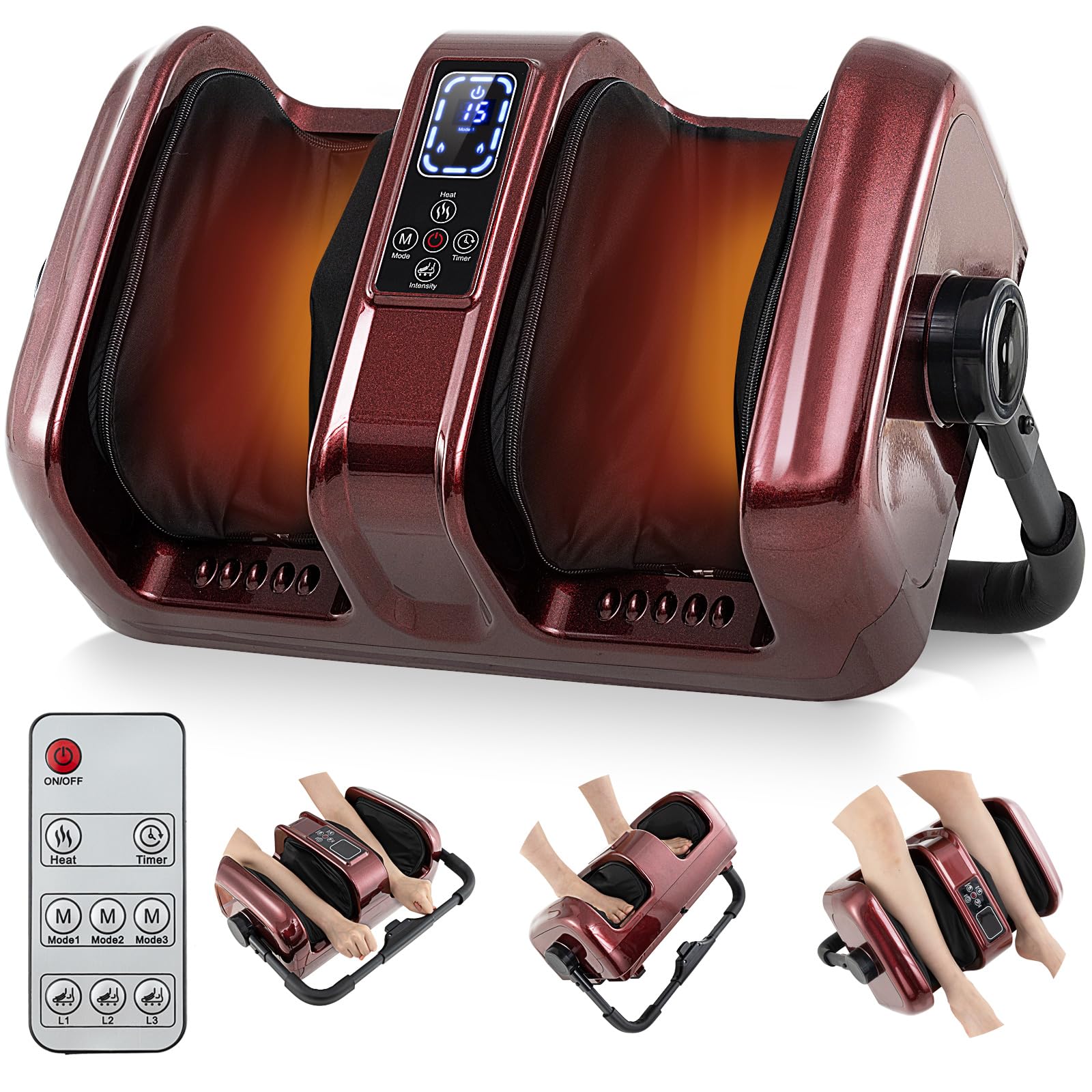 Giantex Foot Massager with Heat, 3 Massage Modes & Speed, Timer, 3 Intensity, Washable Cover, 360° Adjustable Stand, Remote, Shiatsu Leg Massager for Feet Calf Arms Relax, Gift for Women Men (Red)