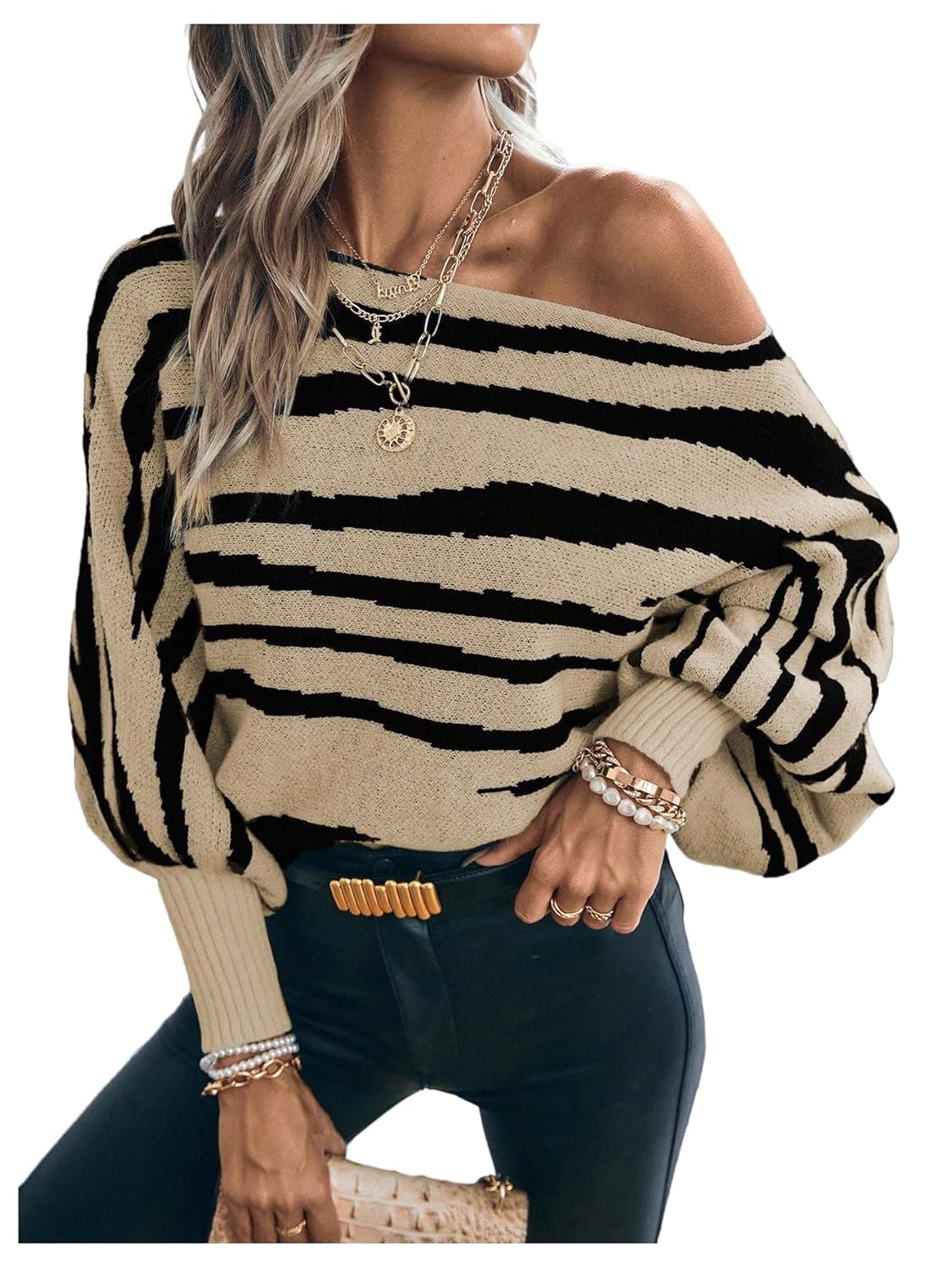 GORGLITTER Womens Animal Print Sweaters Stripe Oversized Long Sleeve Boat Neck Knit Pullover Tops Fall Trendy 2025