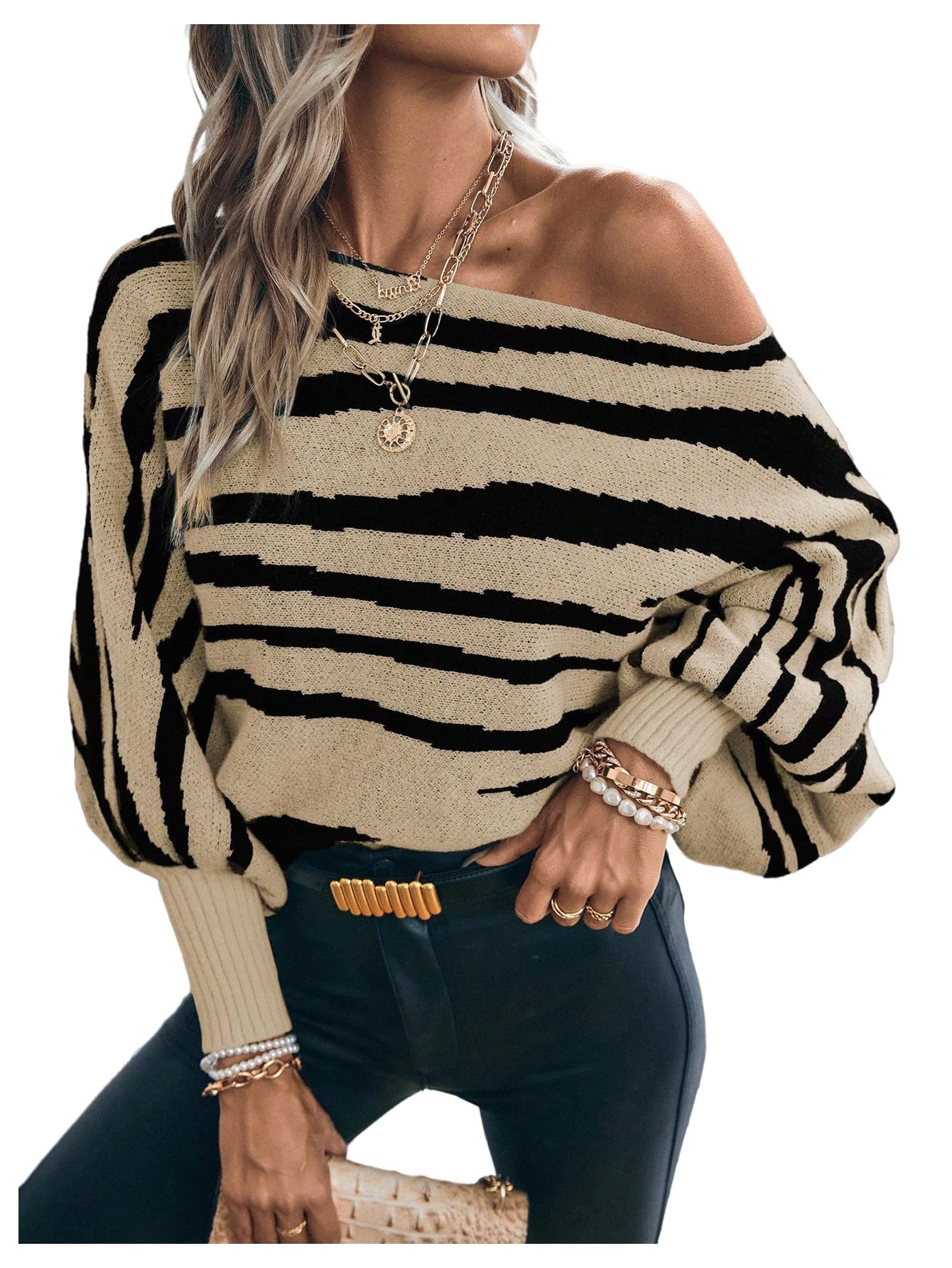 GORGLITTER Womens Animal Print Sweaters Stripe Oversized Long Sleeve Boat Neck Knit Pullover Tops Fall Trendy 2025
