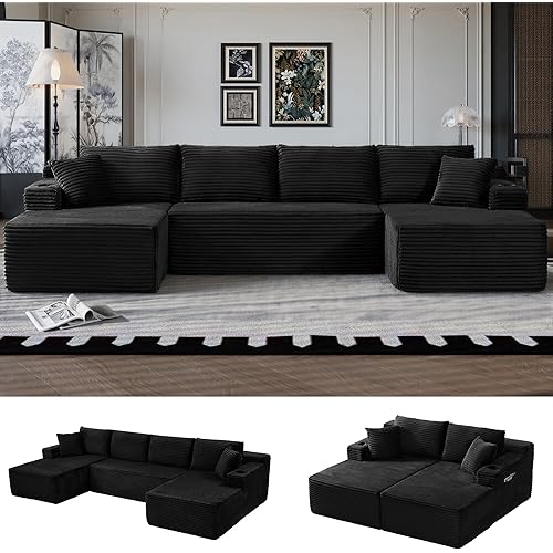 Oversized Cloud Boneless Couch with Chaise, Modern Modular Sofa with Deep Seat, Corduroy Upholstered U Shaped Couch for Living Room, No Assembly Required (Black)