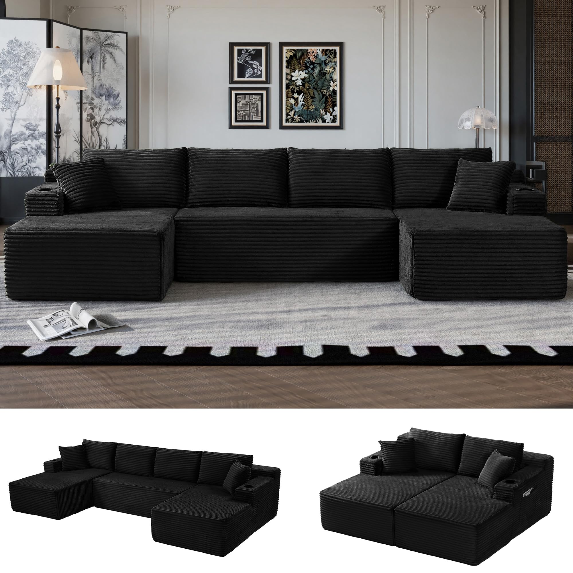 Oversized Cloud Boneless Couch with Chaise, Modern Modular Sofa with Deep Seat, Corduroy Upholstered U Shaped Couch for Living Room, No Assembly