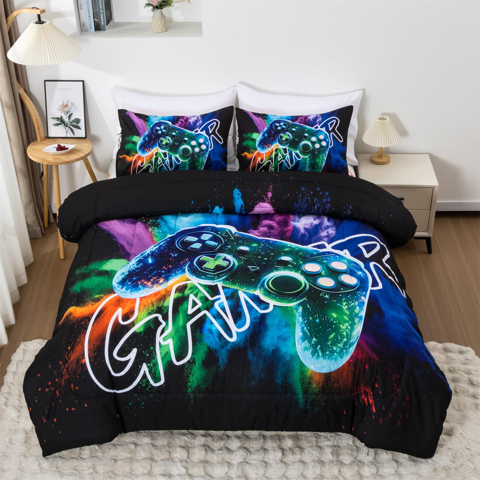 Aimuan Gamer Gaming Bedding Sets 3D Gamepad Comforter Sets for Boys Games Console Action Buttons Novelty Colorful Game Controller Modern Room Decor