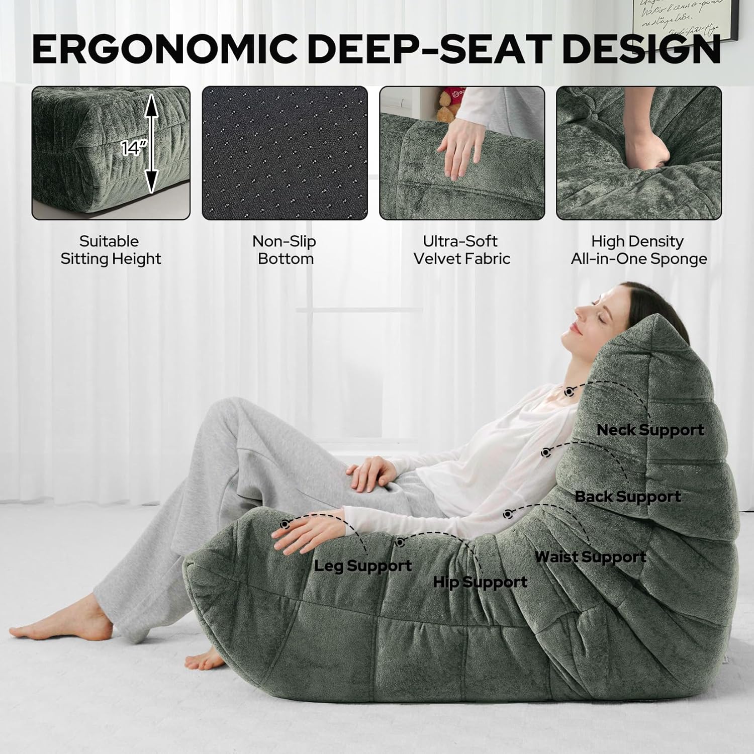 HABUTWAY Bean Bag Chair, Giant Bean Bag Chairs for Adults, Bean Bag Sofa with Filler Faux Fur, Memory Foam Bean Bag Couches Fireside Lazy Sofa for Living Room, Bedroom, Office (Green)