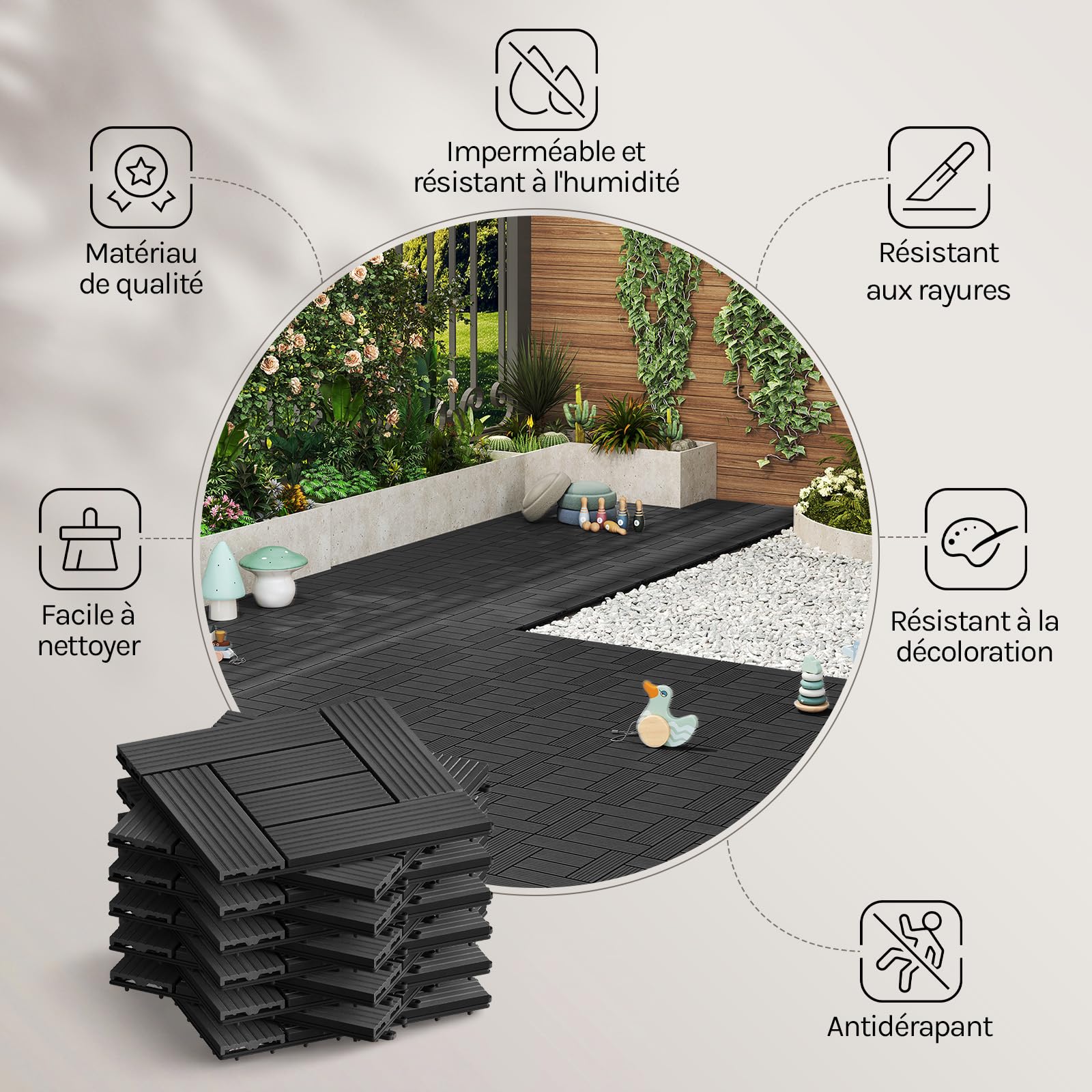 WOLTU 22 pièces Carrelage de sol Dalle WPC 30x30cm pour jardin terrasse extèrieur fixation plug-in, Anthracite 2 m²
