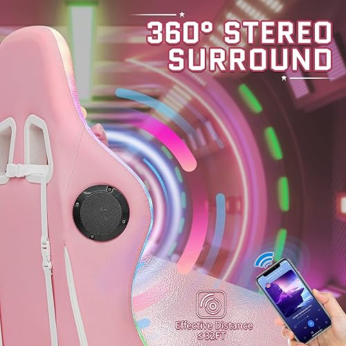 Miniatura 5 de HOFFREE Silla de juegos rosa con altavoces Bluetooth y luces LED RGB, bonita silla ergonómica de masaje para computadora con reposapiés, silla de