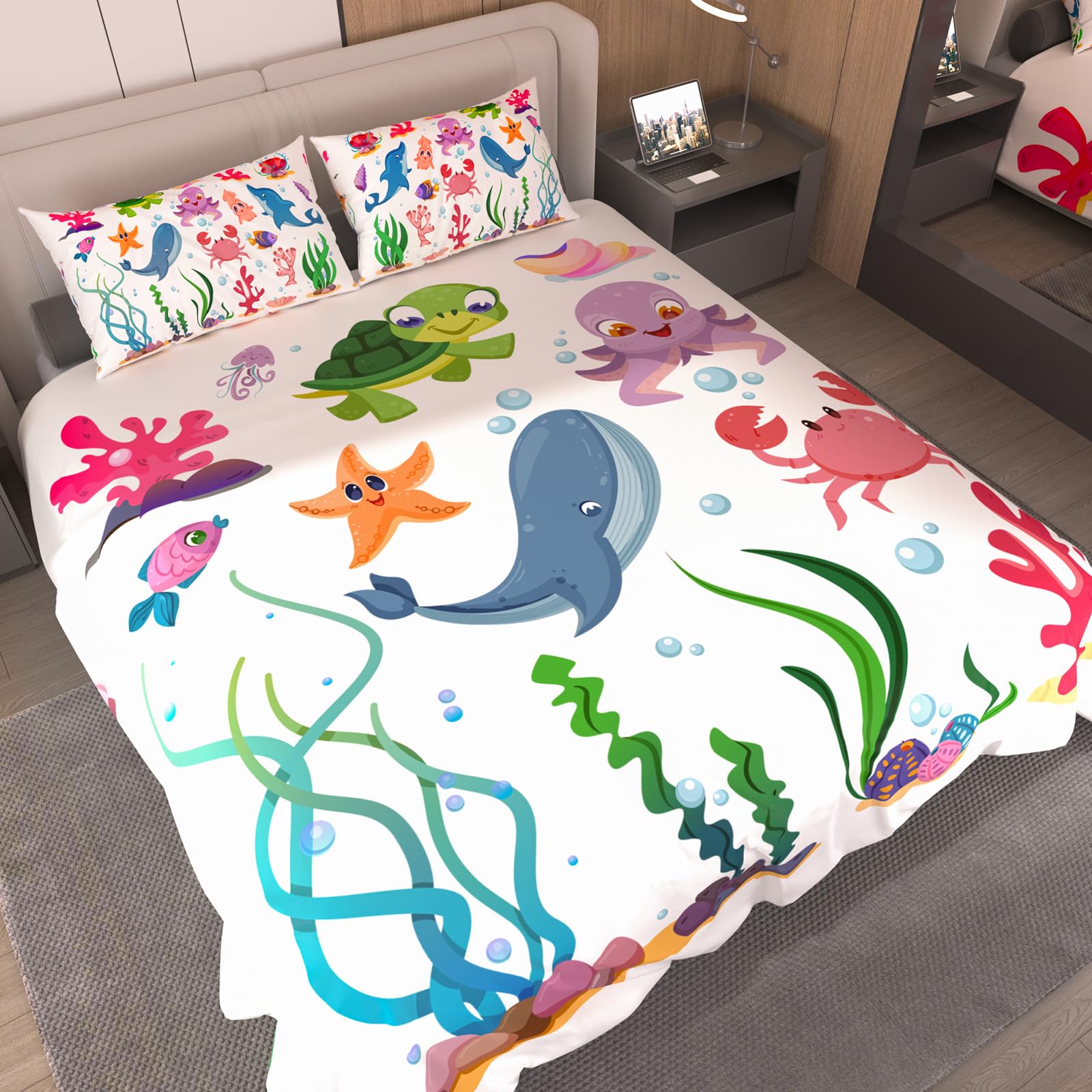 Duvet Cover Full Size - Sea Turtle Comforter Cover Set Beach Ocean Bedding Set Tropical Natural Theme Comforter Quilt Full with 2 Pillowcases, No Comforter