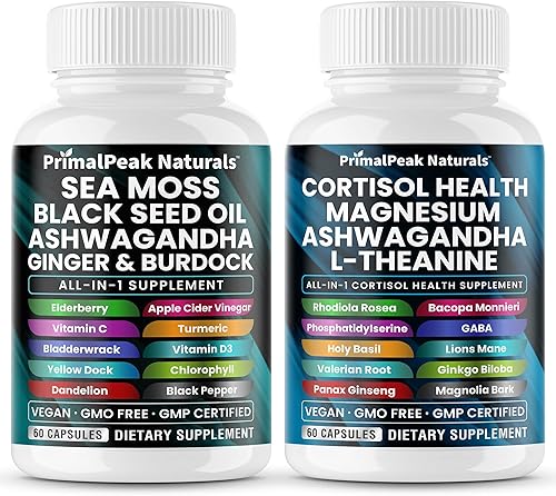 Aceite de semilla negra de musgo marino Ashwagandha jengibre bardana vejiga cúrcuma y cortisol suplementos para mujeres y hombres con magnesio,