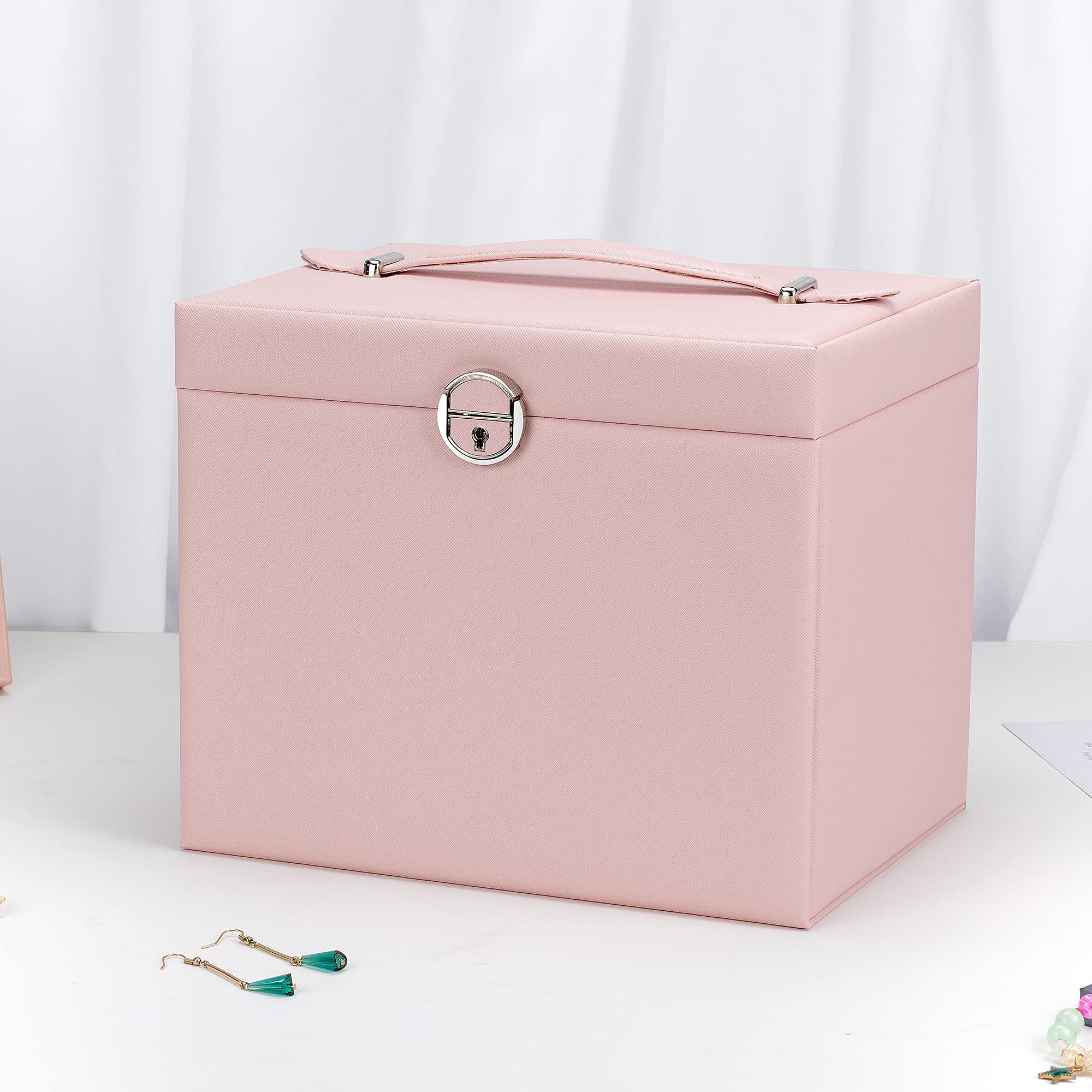AdelDream Portagioie grande con serratura a 5 livelli con 5 cassetti con specchio per anelli orecchini collane e bracciali elegante e classico rosa3