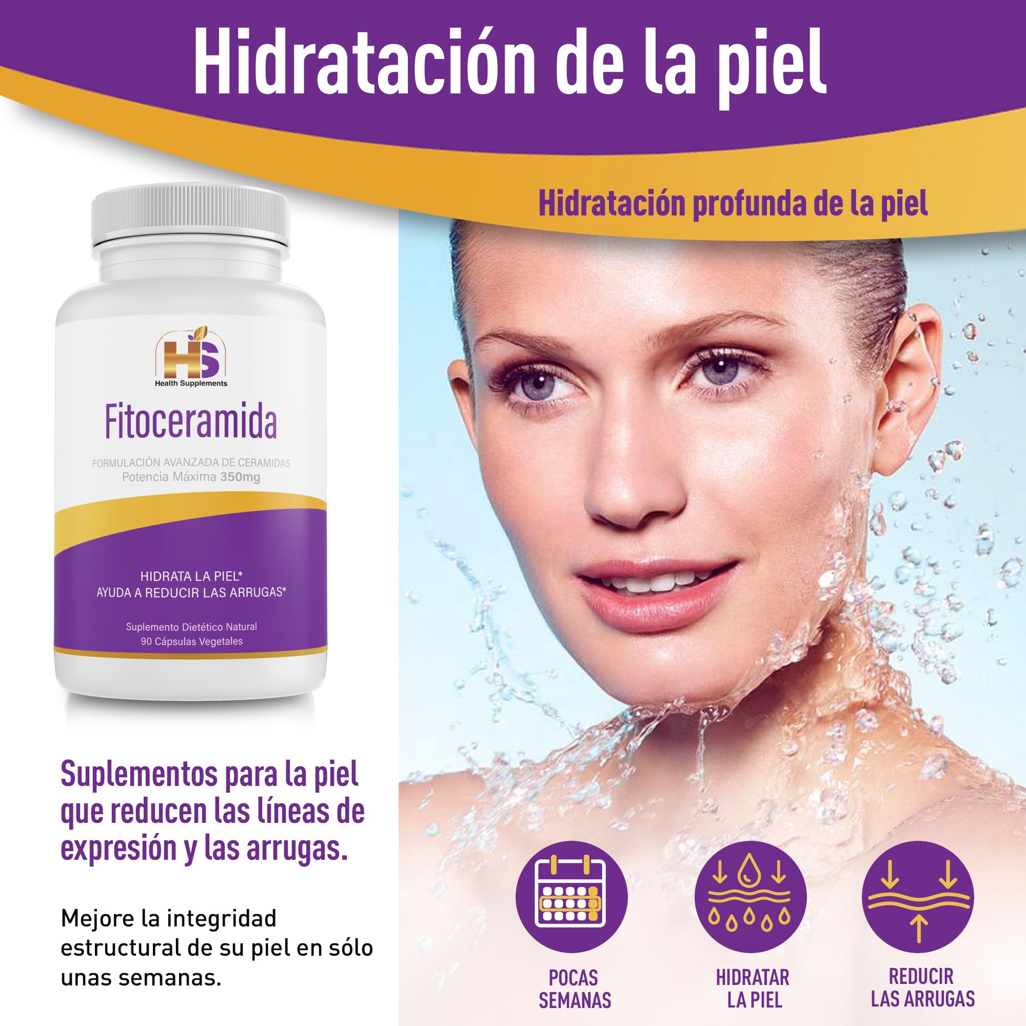 Fitoceramida 350 mg, 90 cápsulas de ceramida de arroz, ayuda a reducir las arrugas e hidratar la piel desde el interior. 100% natural, libre de OGM, sin gluten