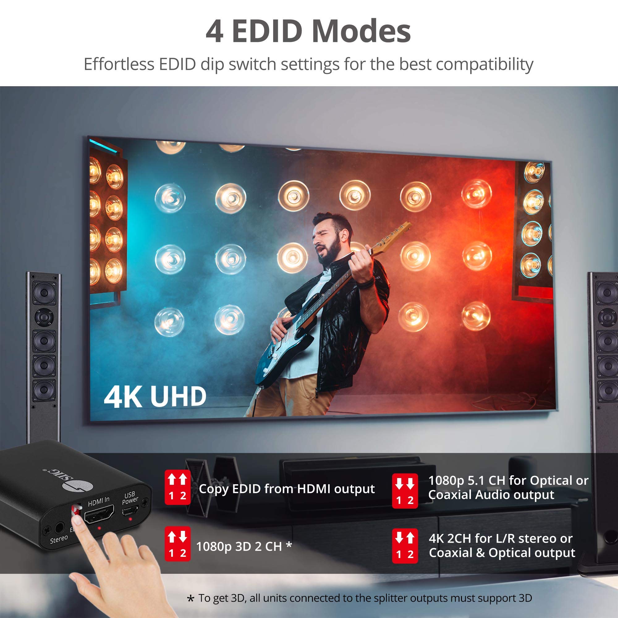SIIG Convertidor de extractor de audio HDMI 4K, HDMI 1.4, 4K60 4:2:0 o 4K30, HDCP 1.4, extracto de audio a Toslink/Coaxial/3.5mm simultáneamente, soporta audio digital 5.1/PCM 2ch (CE-H26Q11-S1)