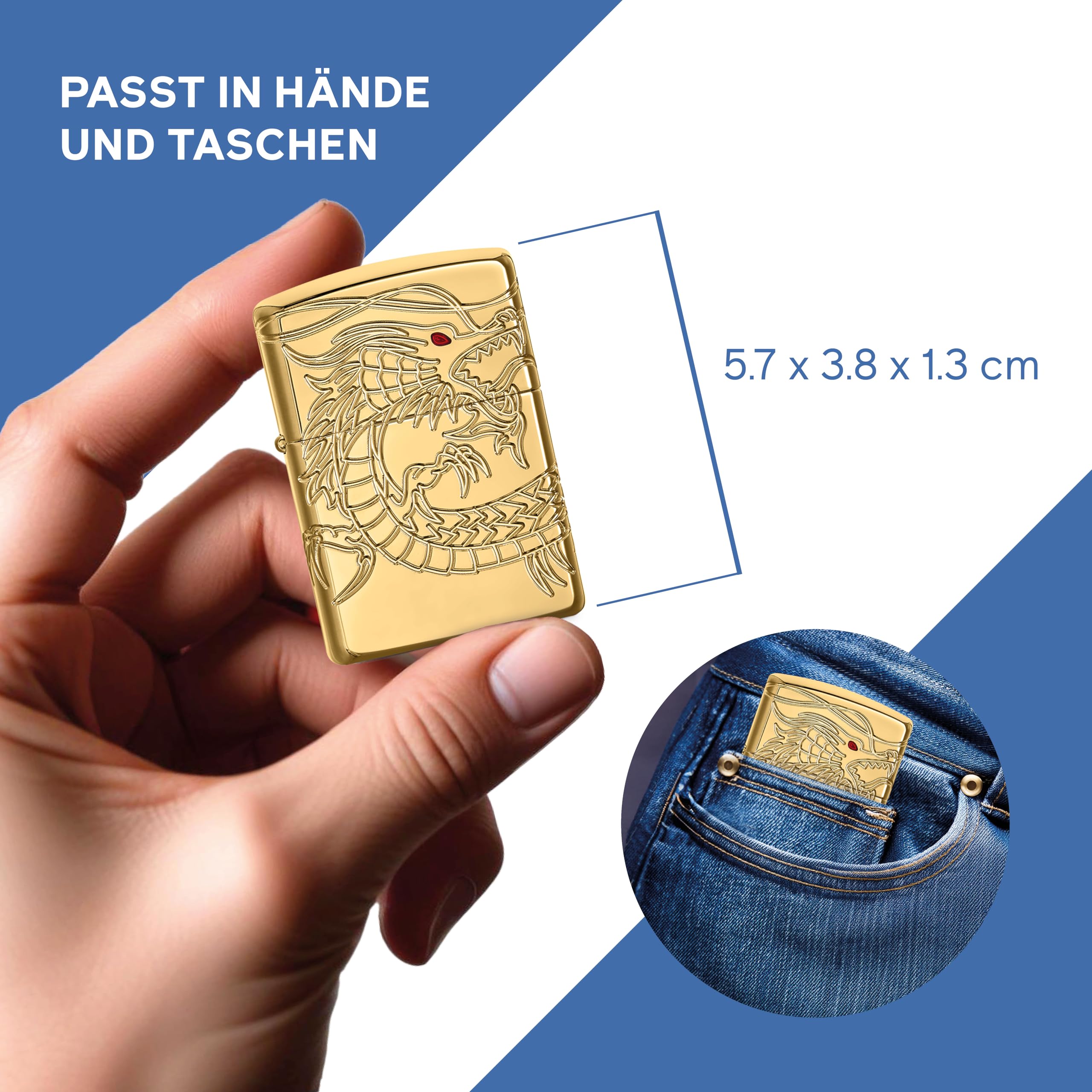 Zippo Sturmfeuerzeug - Chinese Dragon - 360 Multicut Engraving & Epoxy Inlay - Armor, High Polish Gold - Nachfüllbar - Wiederverwendbar - Windfest - Made in USA