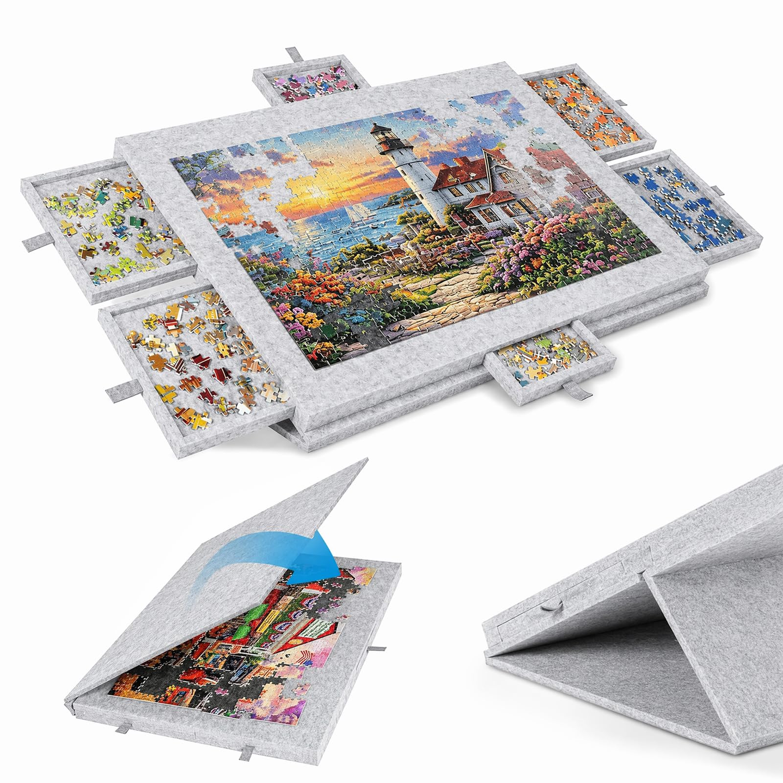 Mesa de rompecabezas de 1000 piezas, tablero de puzle portátil con 6 cajones y cubierta, tablero de puzle de fieltro ligero, mesa de rompecabezas de 1000 piezas, accesorios para puzles para adultos