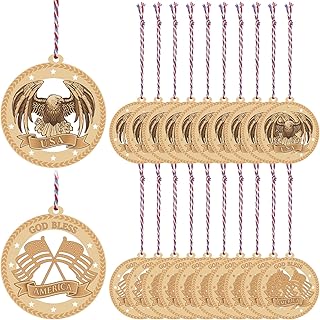 Spiareal 20 Pieces Patriotic Christmas Tree Ornament Hanging Wooden Decorations Decorative American Flag Eagle Ornament Wood Military for Holiday Xmas Tree Party Supplies