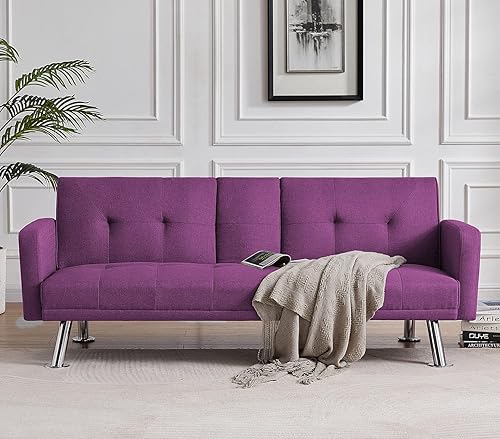 Miniatura 1 de hansones Sofá cama futón moderno de tela de lino, sofá biplaza convertible con 2 portavasos y reposabrazos extraíbles para espacio de vida compacto,