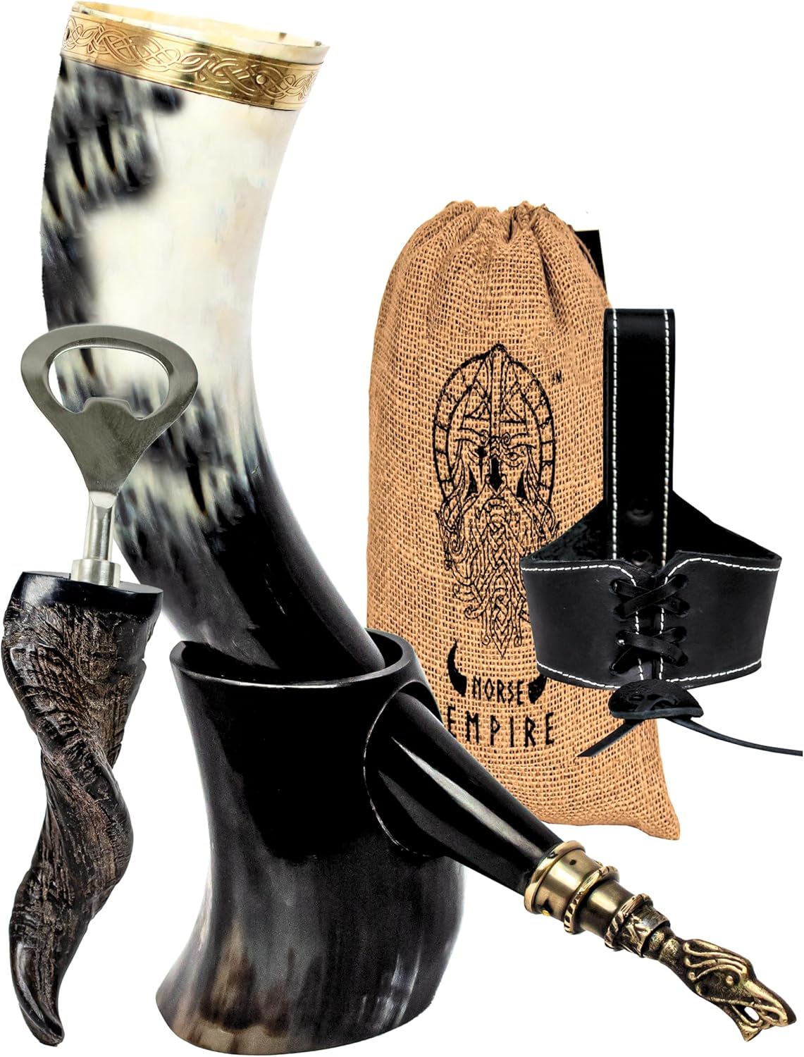 Genuine Ox-Horn Viking Drinking Horn with Brass Rim & Tip Horn Stand, Leather Holst...