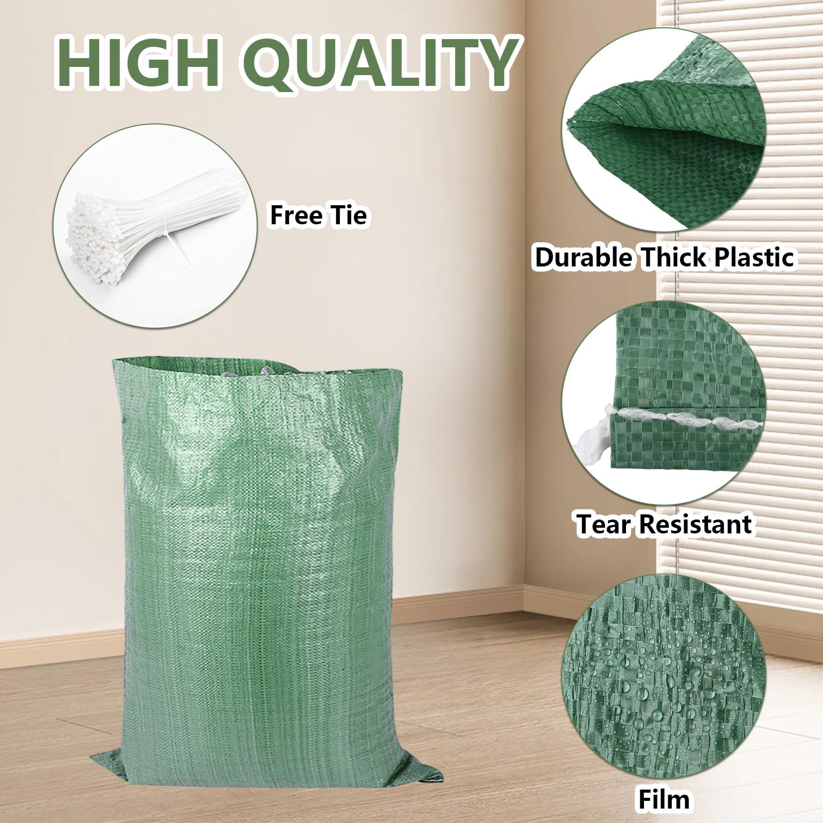 Lot de 30 sacs de sable, 45 x 75 cm, sacs de gravier tissés très résistants en polypropylène tissé pour protection et stockage des déchets de jardin, contre les inondations (vert)