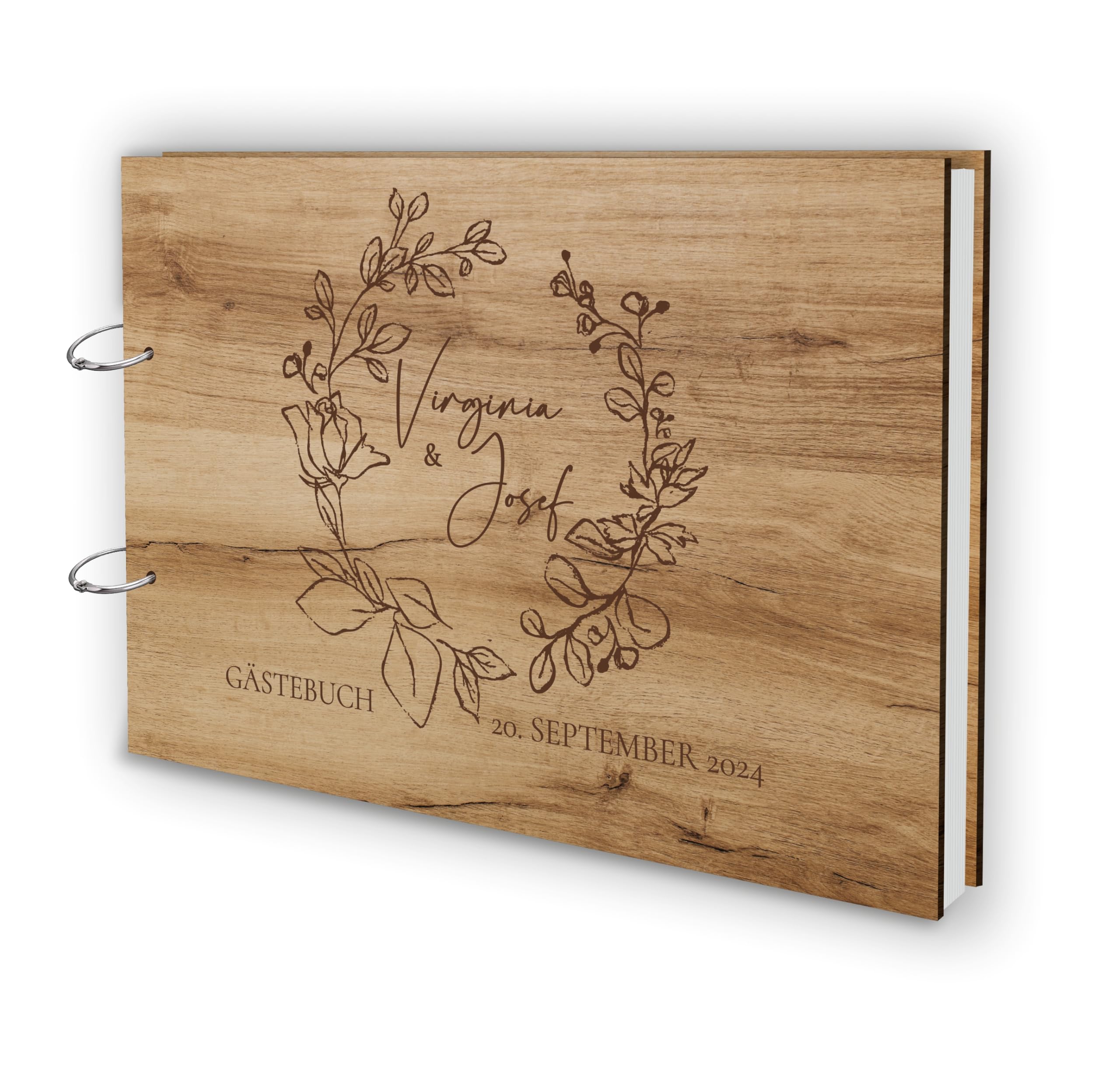 Manschin-Laserdesign Libro degli ospiti in legno, per matrimonio, in vero legno con incisione laser personalizzata, 50 fogli (100 pagine), DIN A4