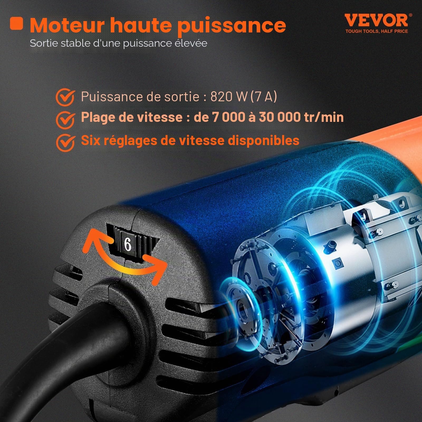 VEVOR Meuleuse Droite 820 W Meuleuse Électrique 10000-28000 tr/min Outil Multifonction 6 Vitesses avec Câble de 1,8 m Pince de Serrage 3 mm et 6 mm Opération Silencieux pour Ponçage Polissage Découpe
