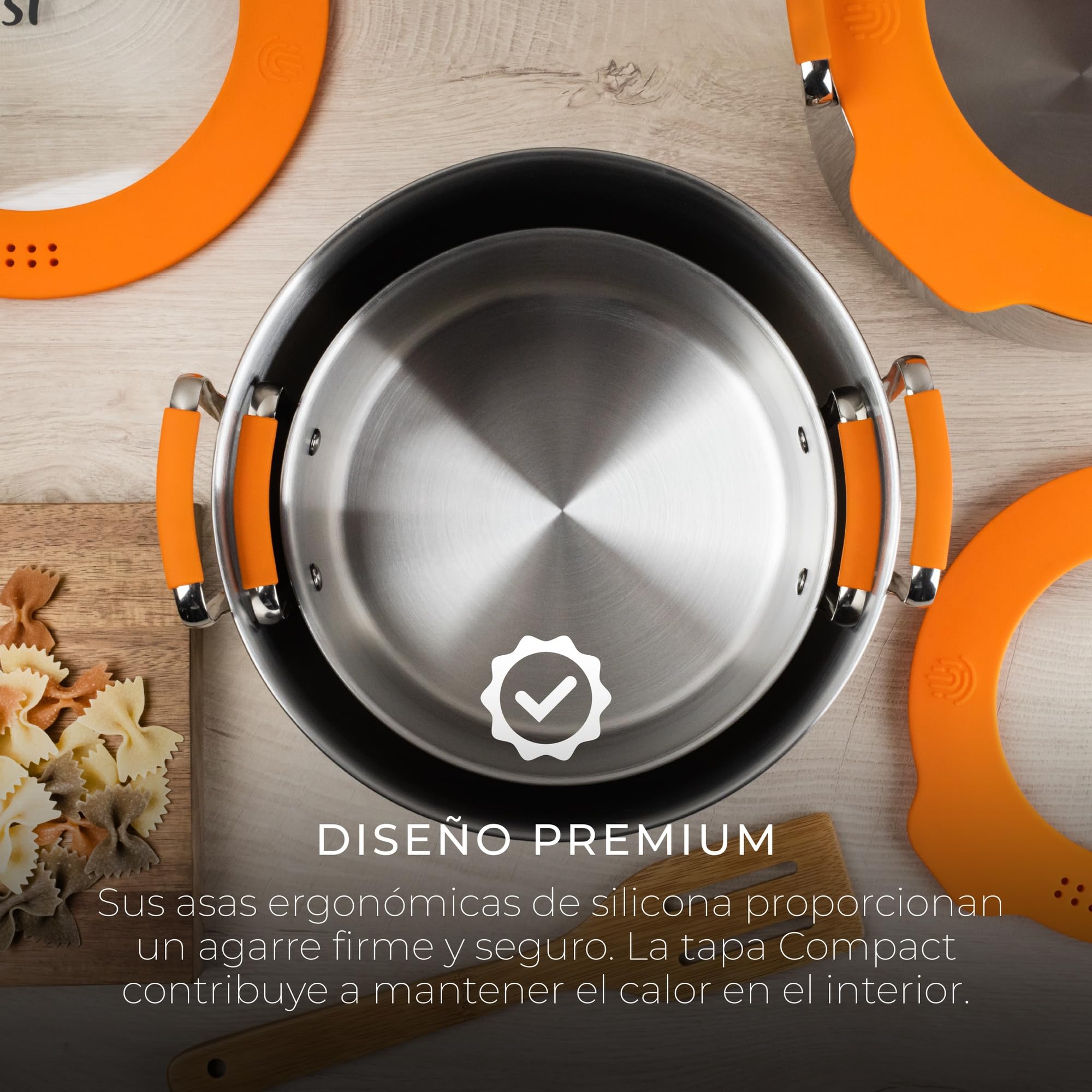 SAN IGNACIO Juego compacto de ollas de acero inoxidable, 5 piezas, incluye 2 ollas de 20 y 24 cm y 1 cacerola