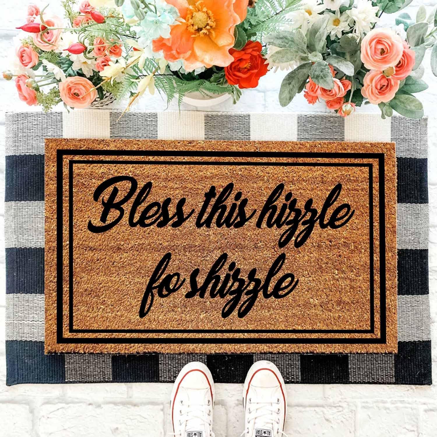 Coconut Coir Doormat, Fun Bless This Hizzle Fo Shizzle Welcome Design, Non Slip Outdoor Rug, 23.6 x 15.7 inch