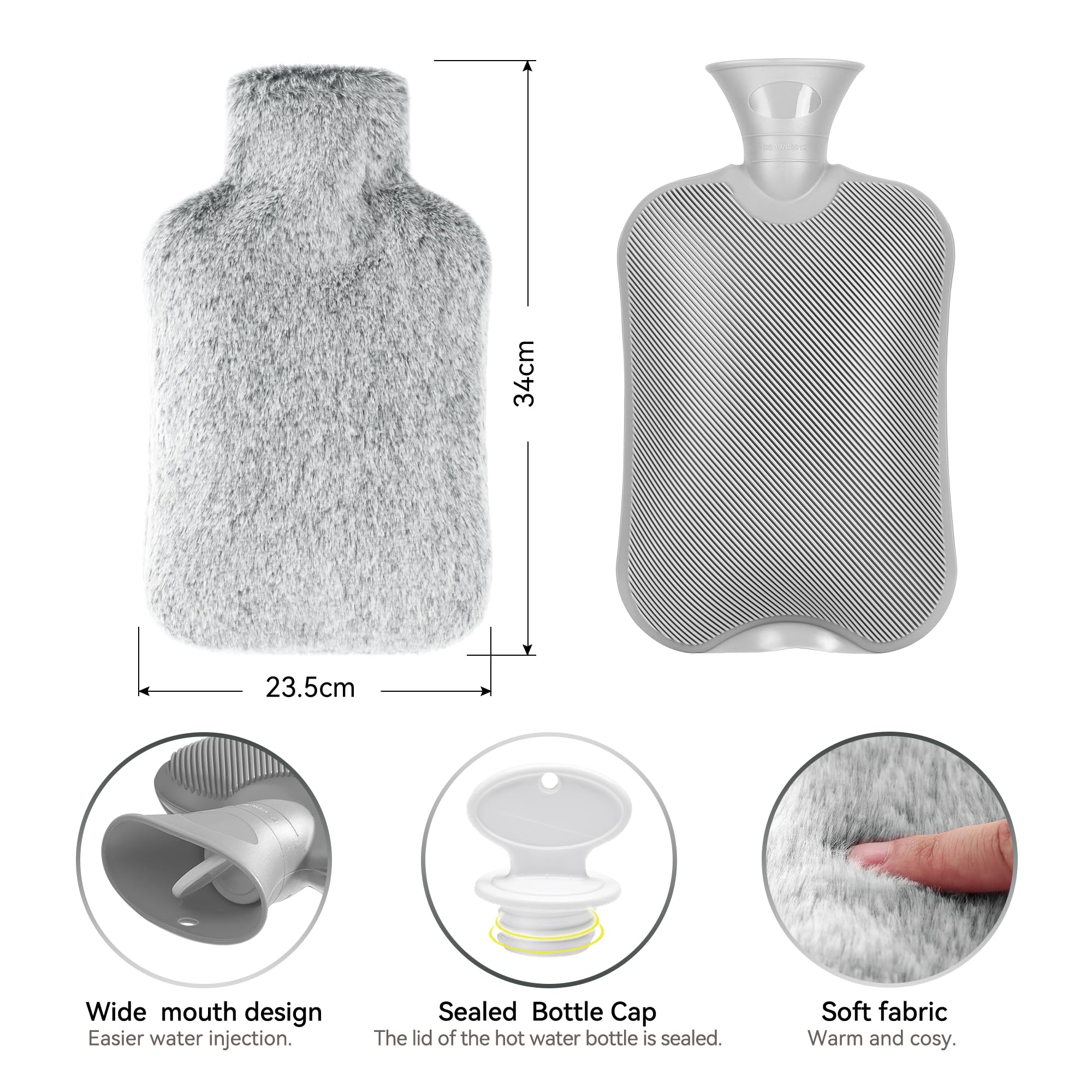 Luxury Hot Water Bottle - Gray with Faux Fur -8