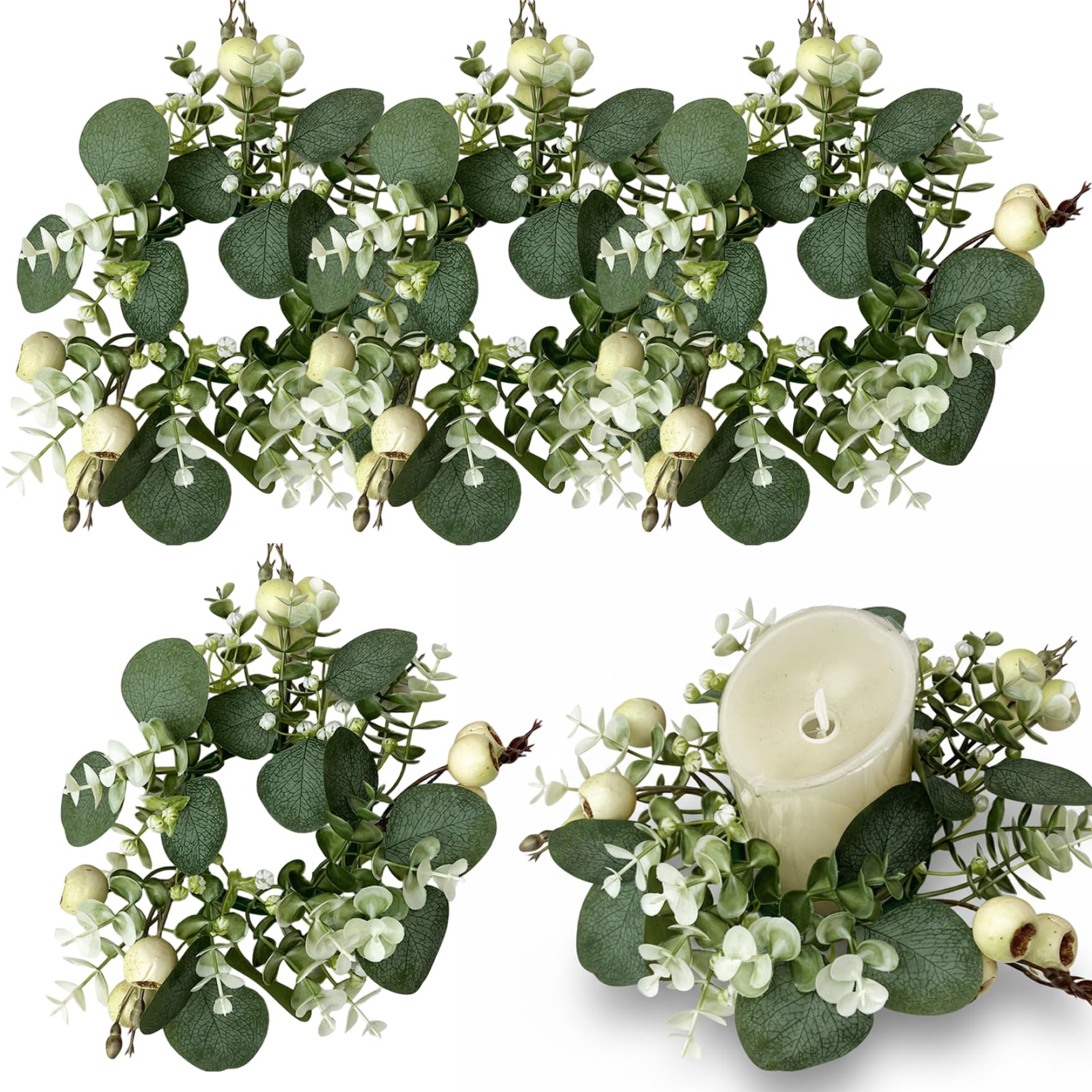 Neptuiby 4 Pack Eucalyptus Candle Ring, Artificial Spring Greenery Candle Wreath for Table Centerpiece, 10 Inch Small Eucalyptus Wreath for Easter Wedding Party.