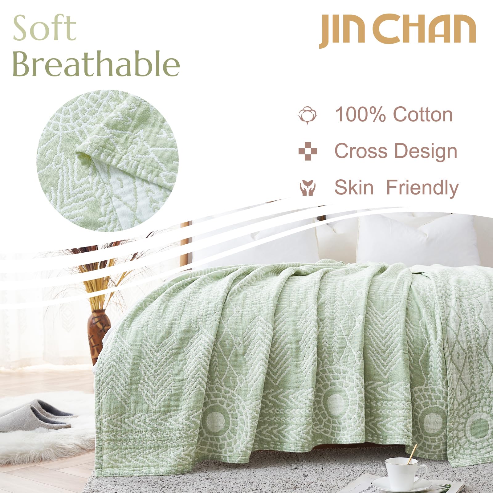 jinchan Boho 100% Cotton Muslin 50x60 Throw Blanket Lightweight 3-Layer Green Blanket Washable Reversible Breathable Decorative Geometric Striped Patterned Soft Cozy for Sofa Bed All Season Gift