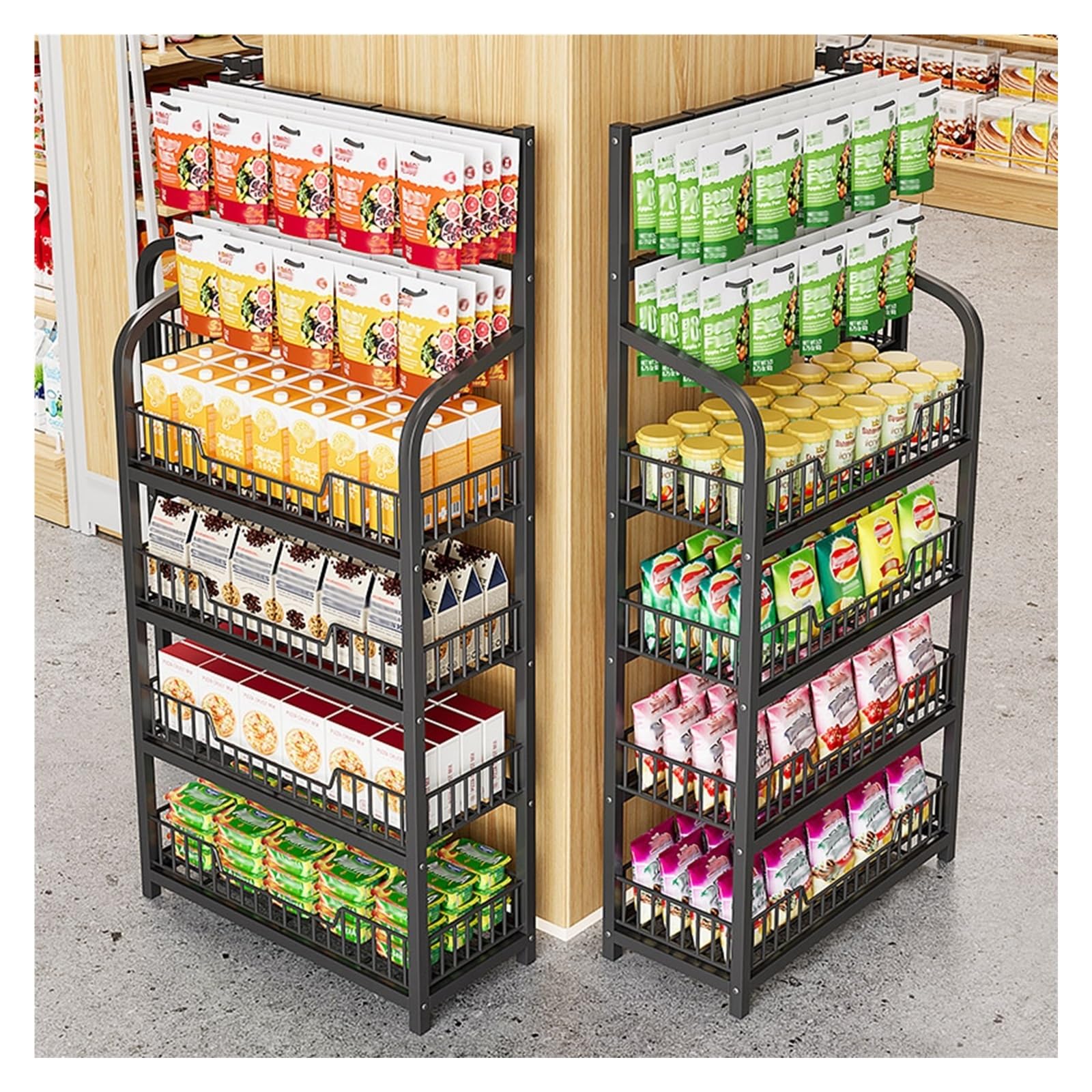 2er-Pack Supermarkt-Snack-Displayregal, Robustes 4-stöckiges Kartoffelchips-Orga, Büro, Kiosk, freistehender Süßwaren-Lebensmittelhalter für den gewerblichen Einzelhandel (L 50 cm/19,7 Zoll)