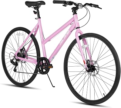 HILAND 700C Hybrid Bike, 7-Speed Urban Commuter Bicycle for Men & Women, Lightweight Aluminum Frame, Dual Disc Brakes, Low-Step Step-Through City Road Bike for Commuting & Fitness