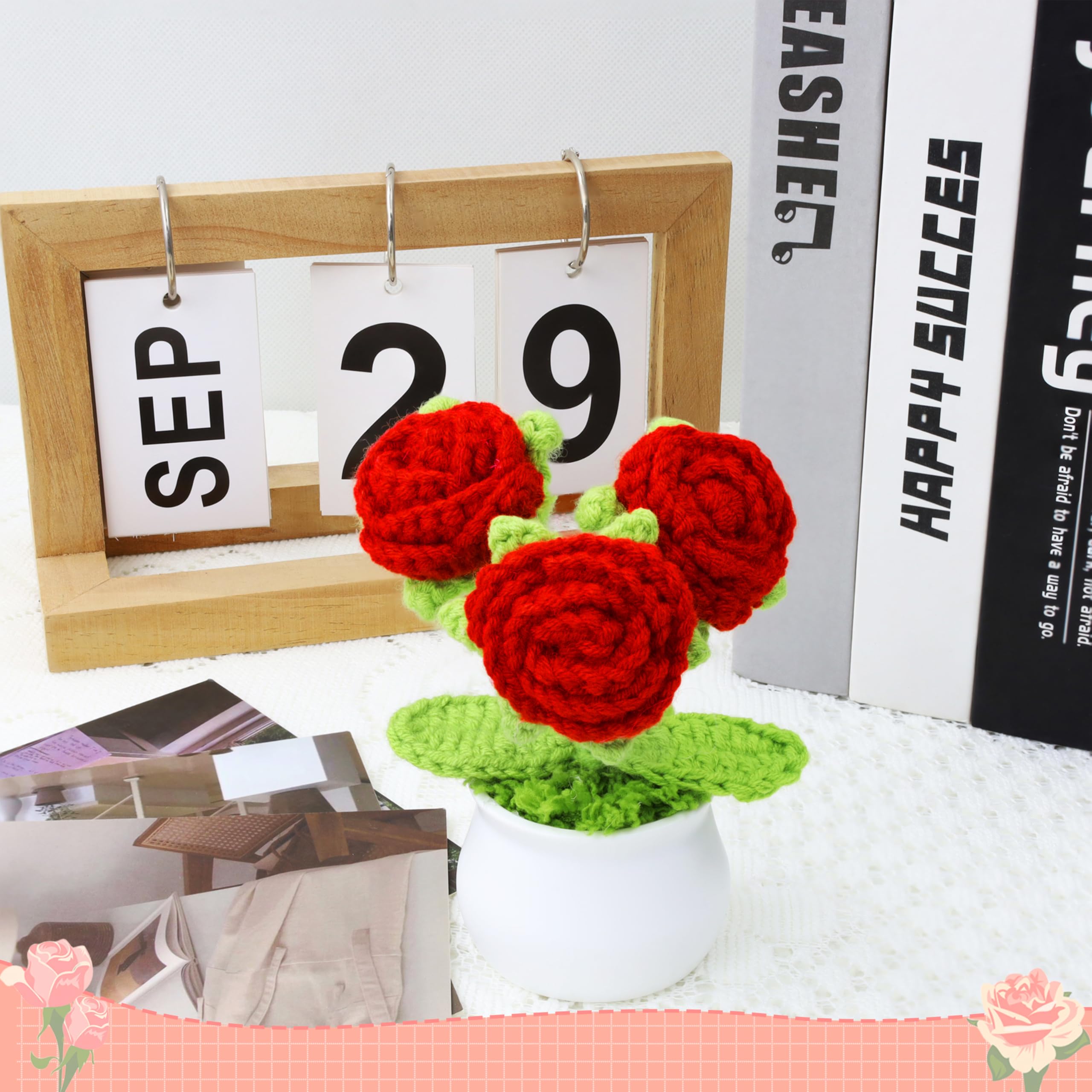 LAIDANLA Crochet Flowers Red Roses Mini Potted, Handmade Red Rose Anniversary Appreciation Birthday Gifts for Women Teacher Lover Mom Friend Knitted Flower for Desk Car Dashboard