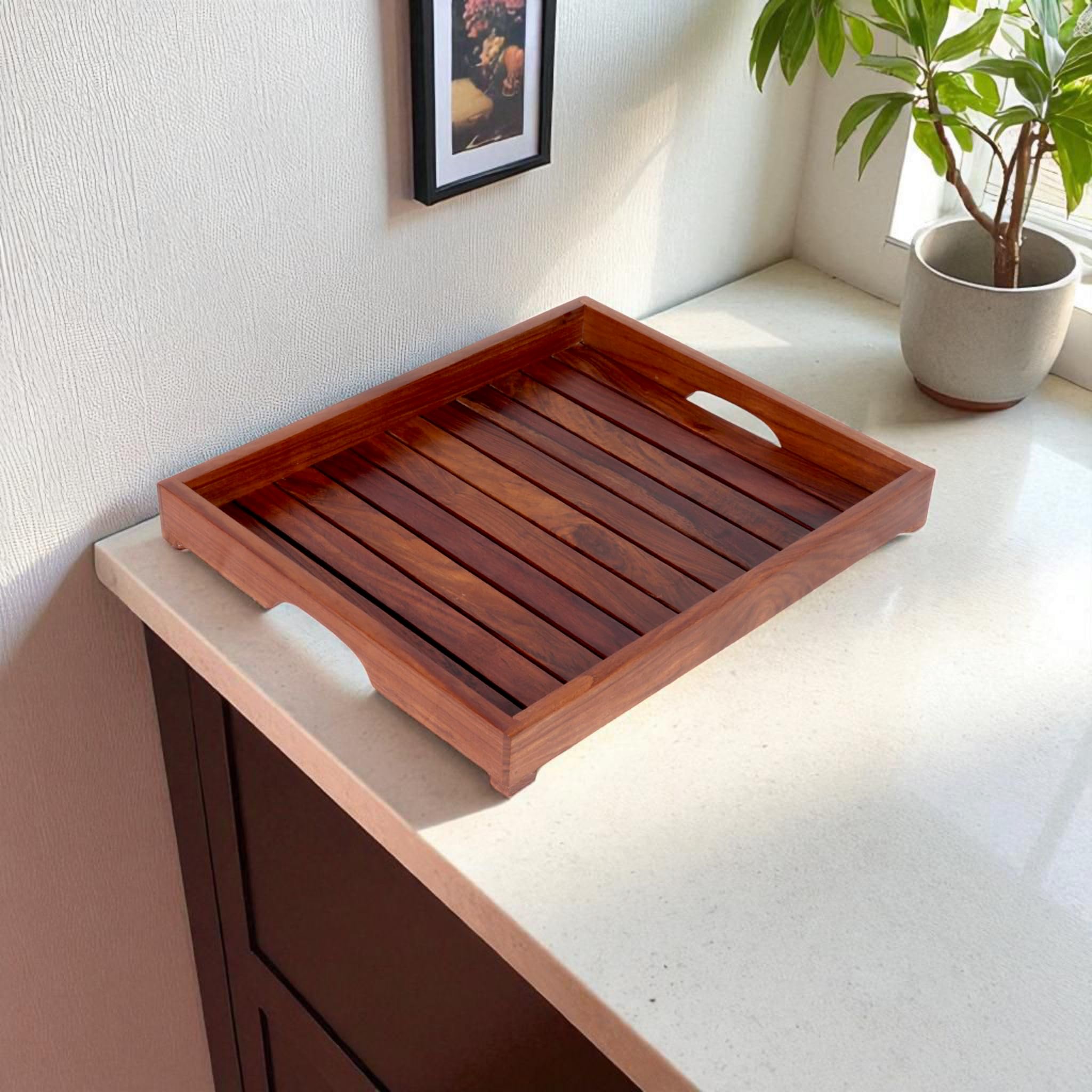 Sheesham Vassoio da portata in legno per tavolo da pranzo rettangolare vassoio per colazione caffè vassoio da portata decorazione da tavolo, regali, confezione da 1 vassoio grande
