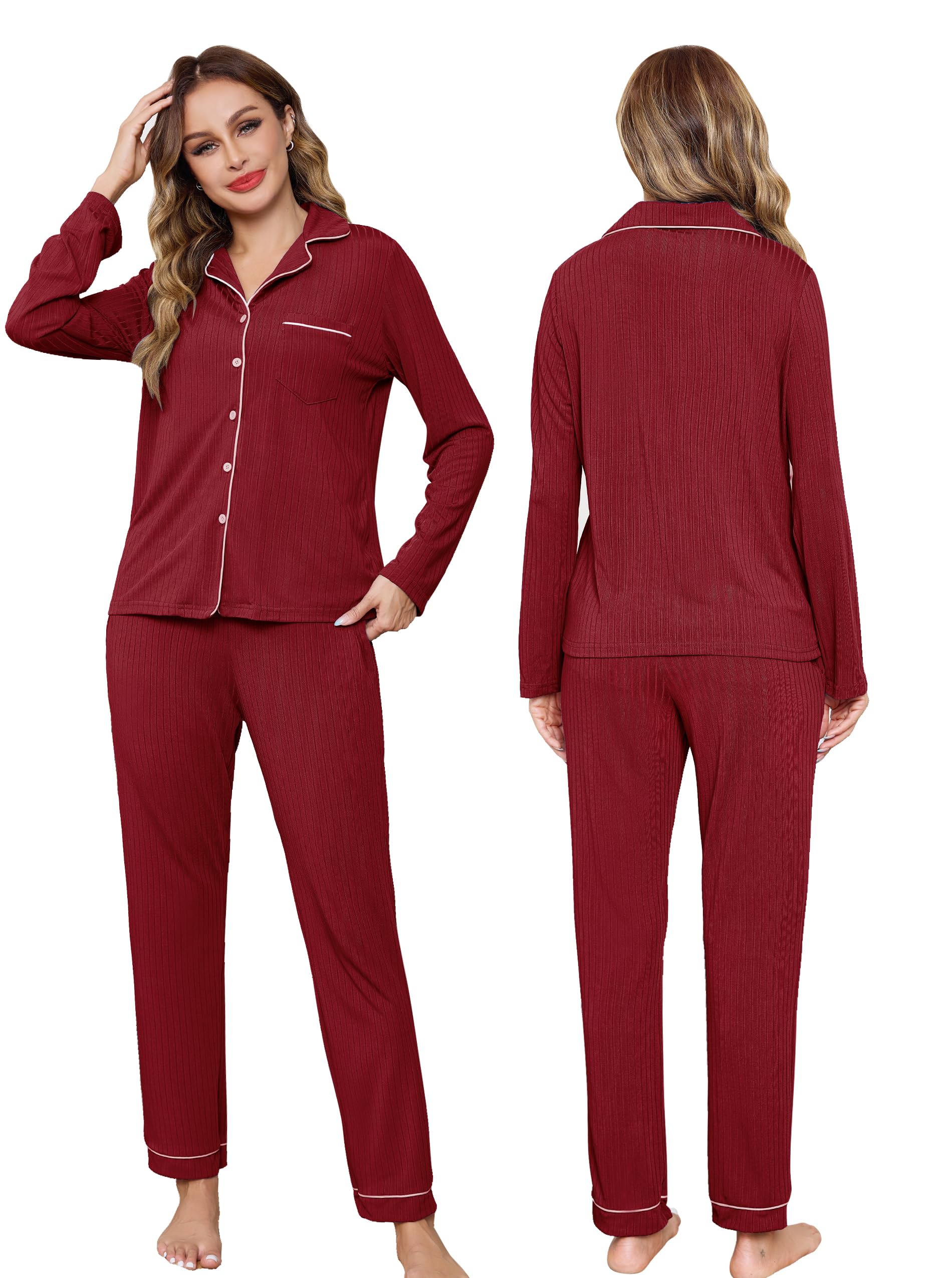 Wikoan Pigiama da Donna Set Pigiama Invernale Pigiama a Righe Maniche Lunghe e Pantaloni Lunghi S-XXL
