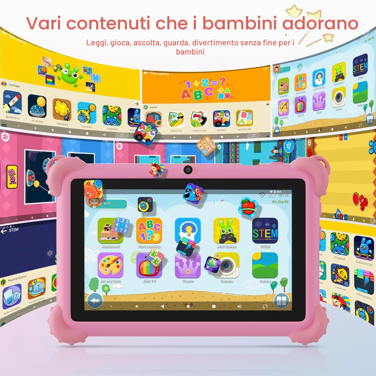 C idea Tablet per bambini Android 15, schermo 7 pollici 1024 x 600, 6 GB (3+3) di RAM + 32 GB di ROM, batteria 2500 mAh, applicazioni per bambini preinstallate, compatibile WiFi e Bluetooth (rosa)